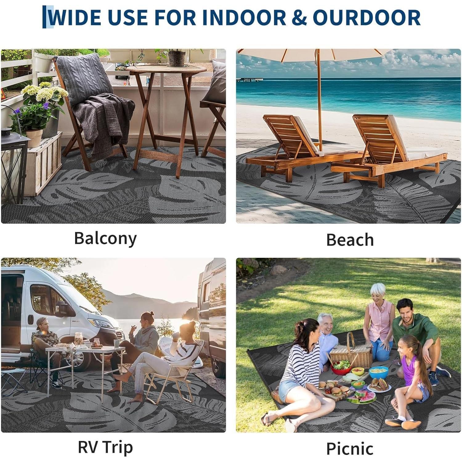 Outdoor Plastic Straw Rug Waterproof UV Resistant RV Camping Mat w/ Bag