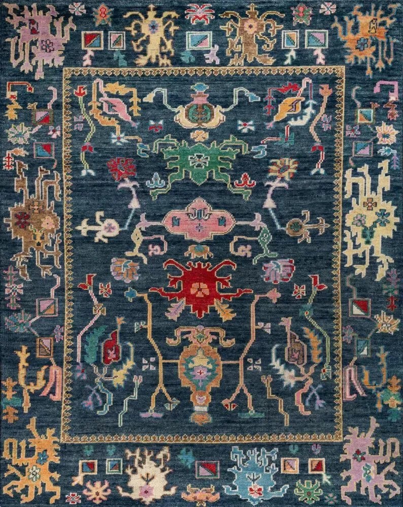 New Modern Oushak Style Rug . Navy Blue Multicolor Hand-Knotted Wool rug,Bedroom