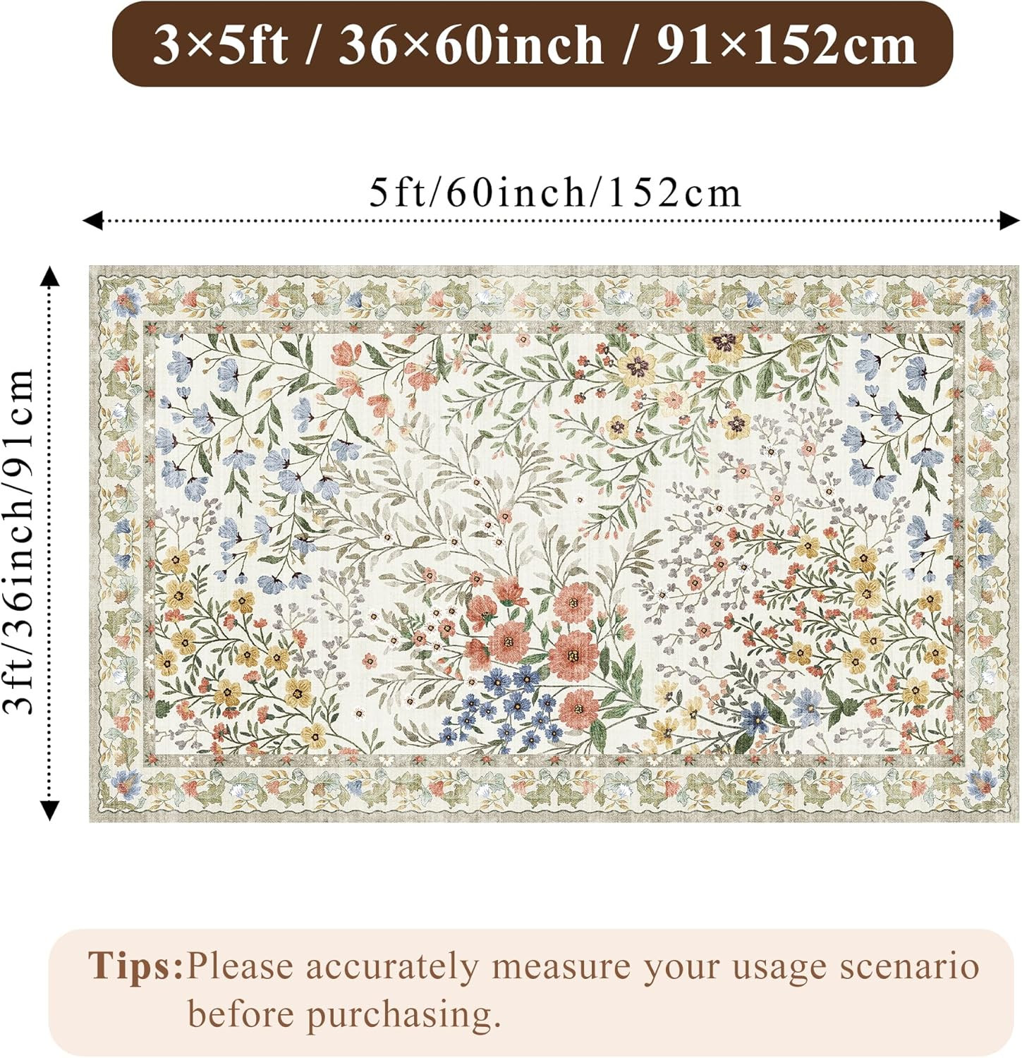 3X5 Washable Entryway Area Rug: Non Slip Floral Washable Entry Rug Living Room A