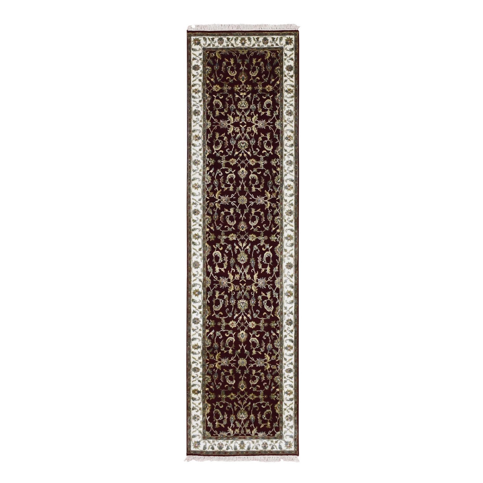 2’7″ x 10′ Burgundy Red Wool and Silk Hand Knotted Rajasthan Runner Rug R75055