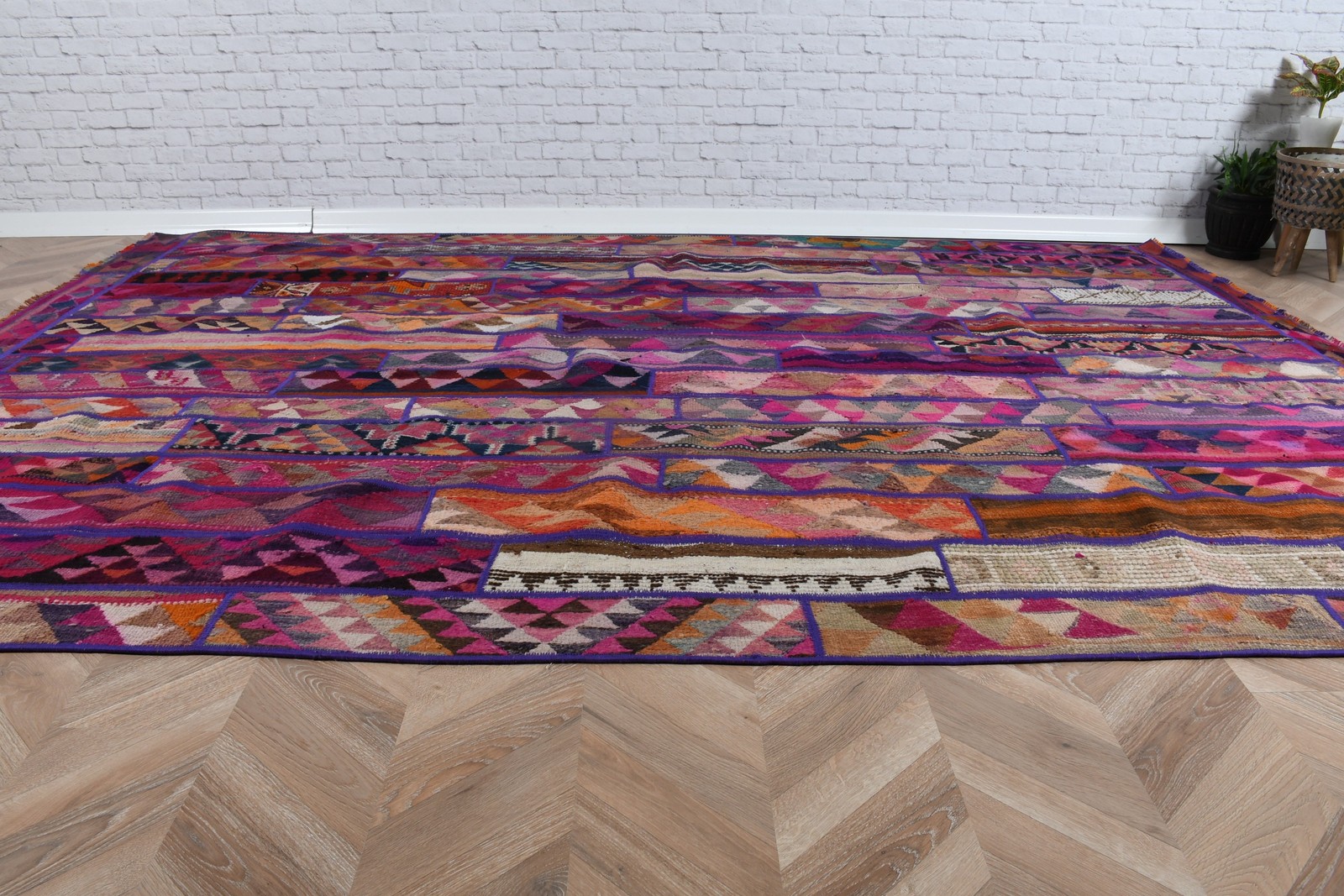 Vintage Turkish Rug, Large 6,8×10,1 ft Rug, Purple Polka dot Wool Rug