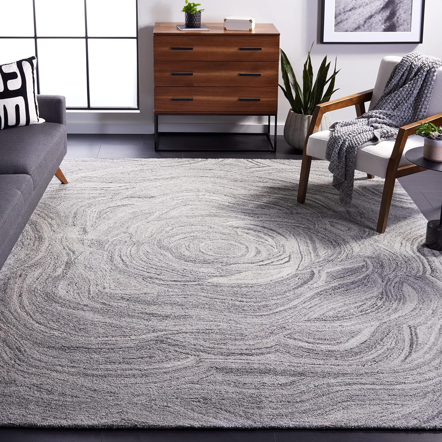 Handmade Abstract Area Rug 6′ x 9′ Dark Grey & Black for High Traffic Areas