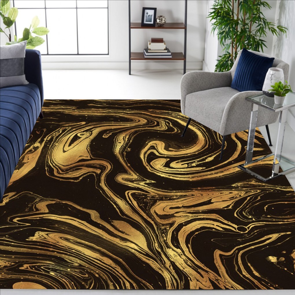 Black Gold Modern Abstract Marble Texture Carpet Durable Lux Art Deco Floor Rug