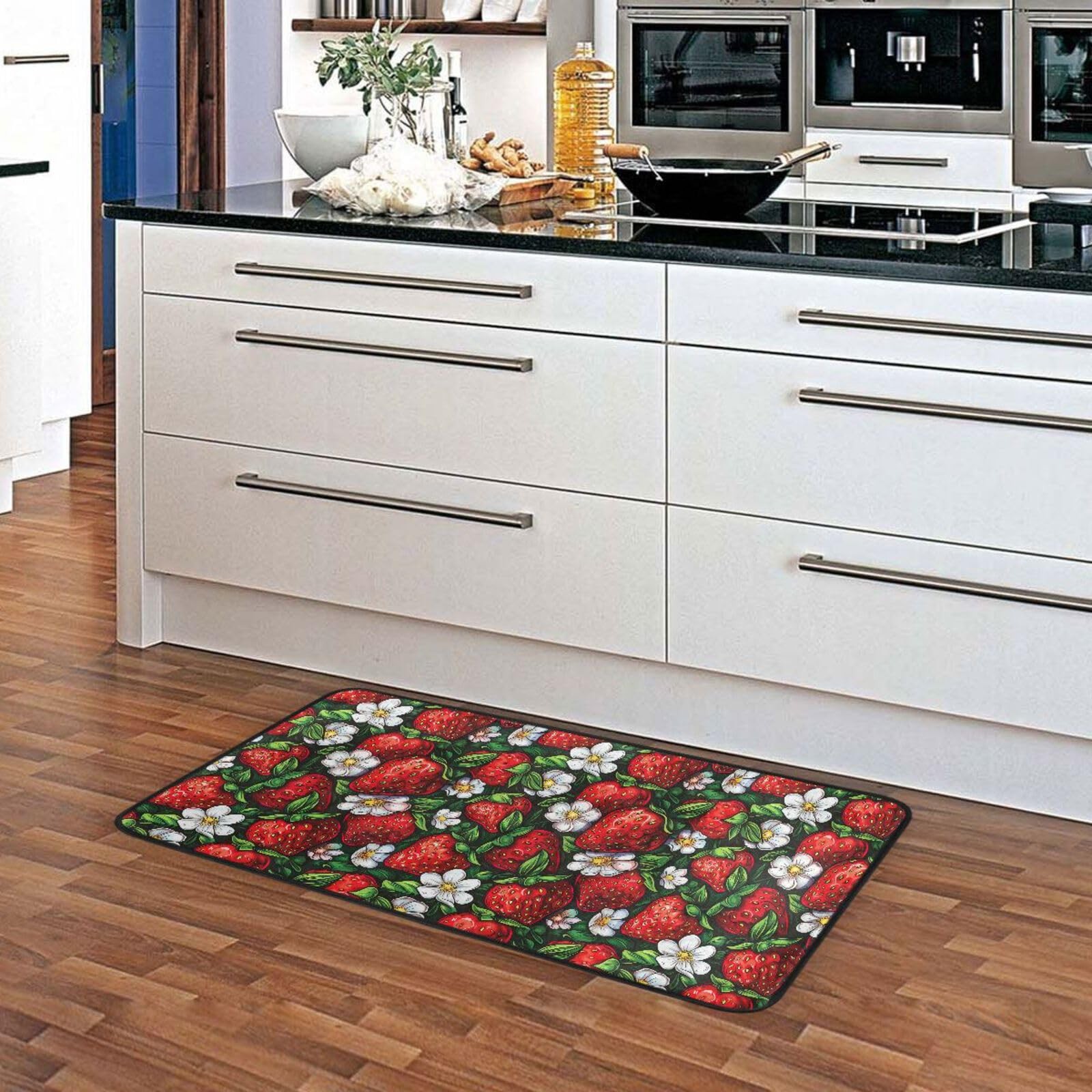 Kitchen Mats, Cute Strawberry Cherry and Flower Floor Mat for Kitchen, Bathro…