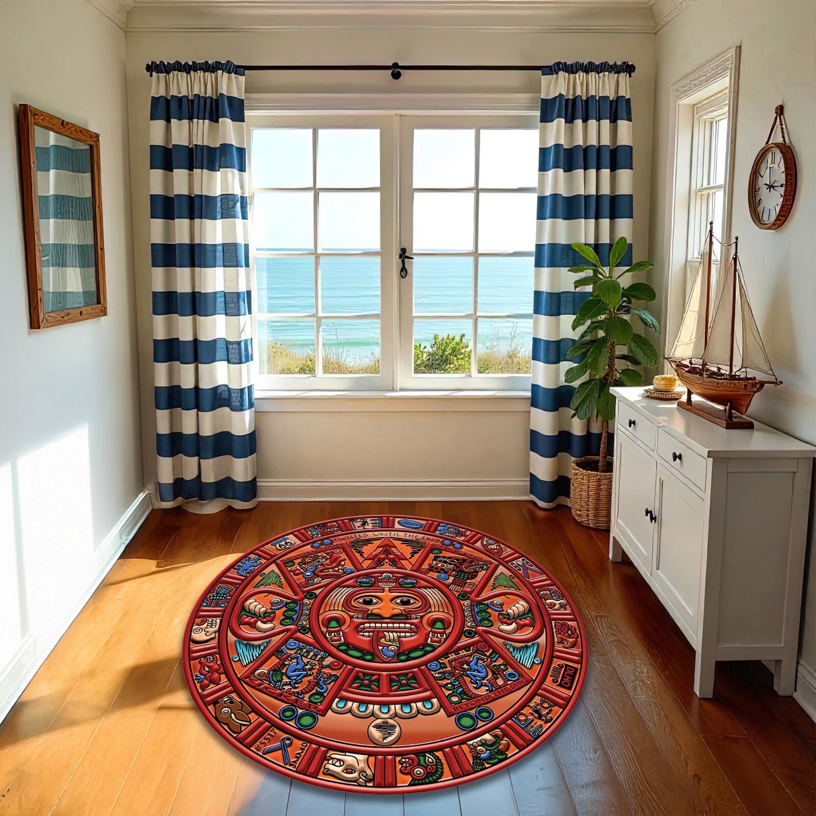 Red Mayan Symbol Rug Round Tribal Mask Carpet with Dancing Figures and Animals
