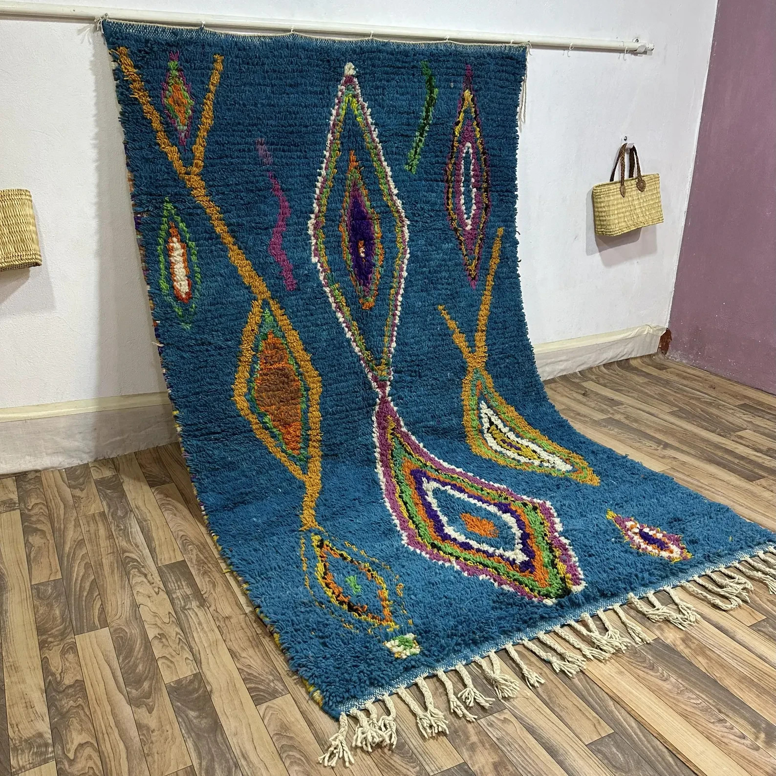 Teal Moroccan Rug, Abstract Colorful Diamonds, Custom Wool Rug