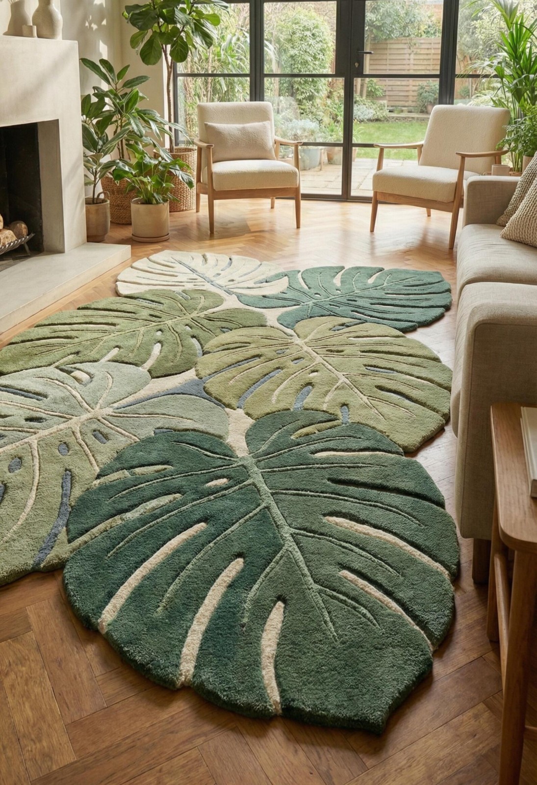 Hand Tufted Monstera Leaf Rug, Botanical Green Area Rug, Tropical Leaf Carpet,