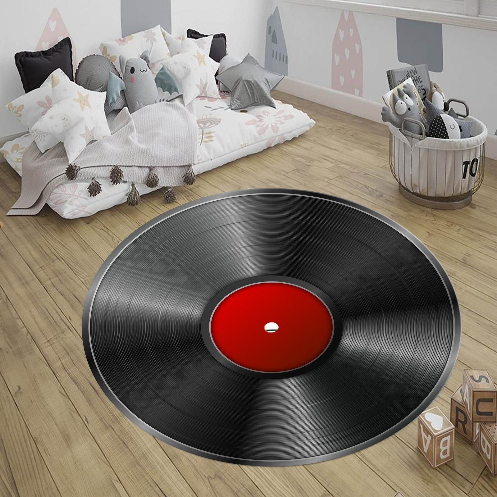 Retro Vinyl Record Round Rug, Music Lover Room Decor, Black Red Disc Carpet