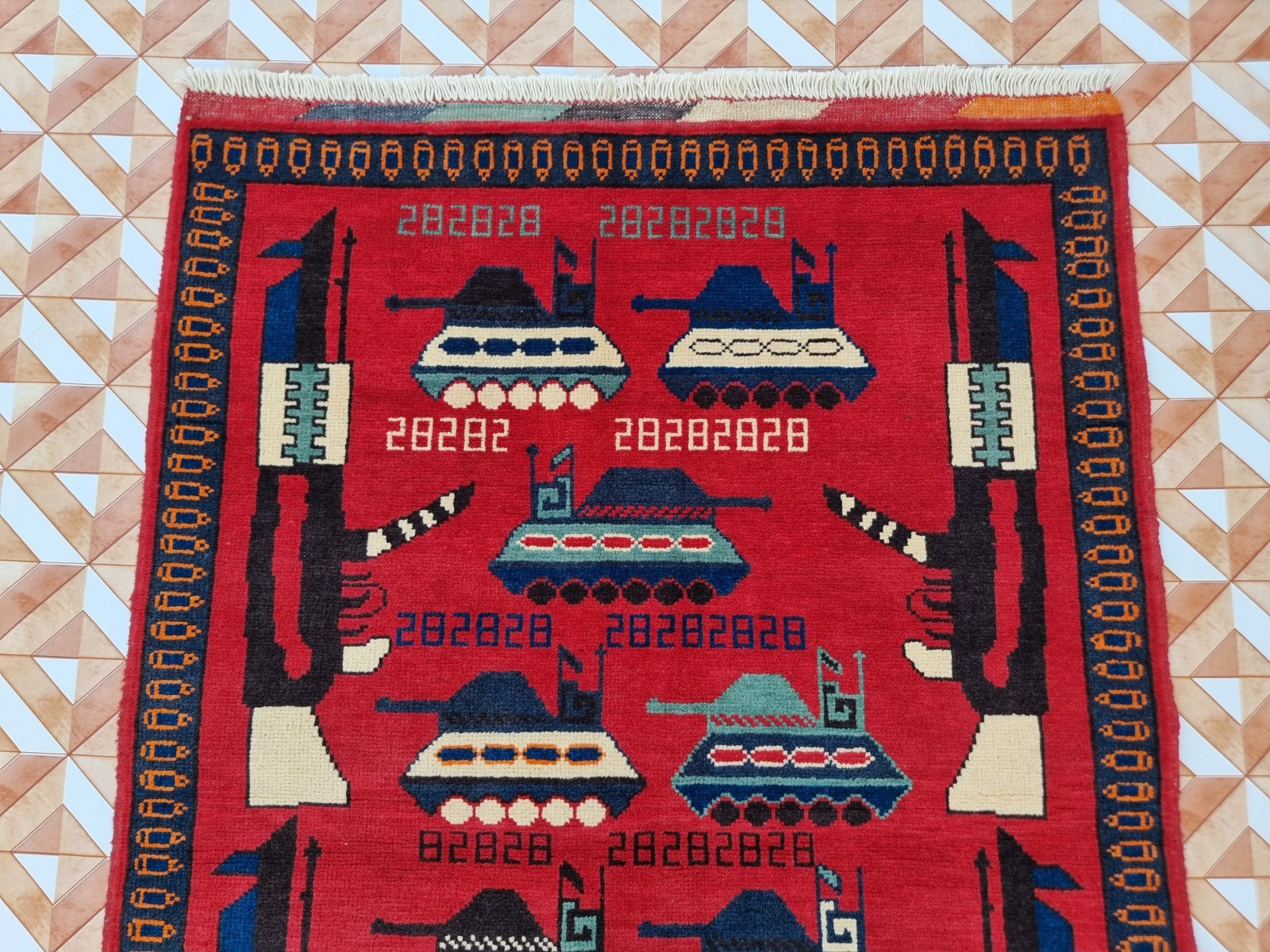 Afghan War Rug Handmade Wool Military Tank Carpet Red Tribal knotted war Art