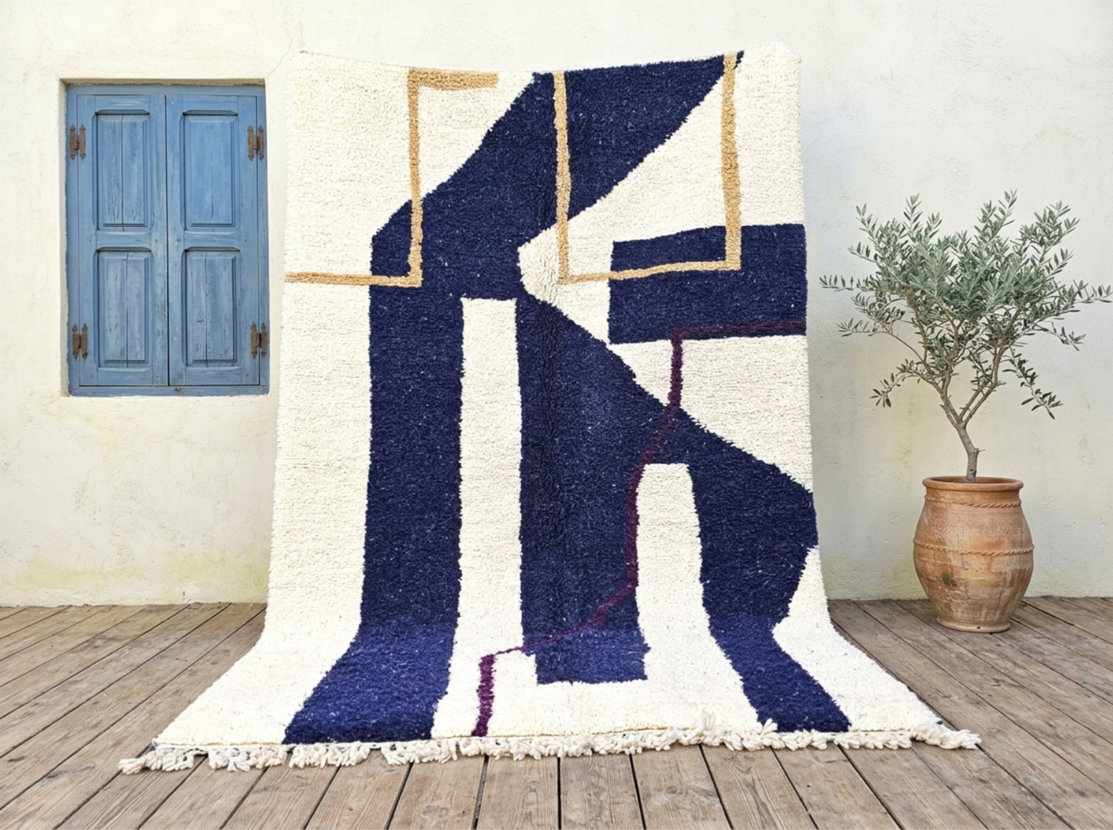 Handmade Moroccan Berber Wool Rug Navy Blue Abstract Beni Ourain Custom Size