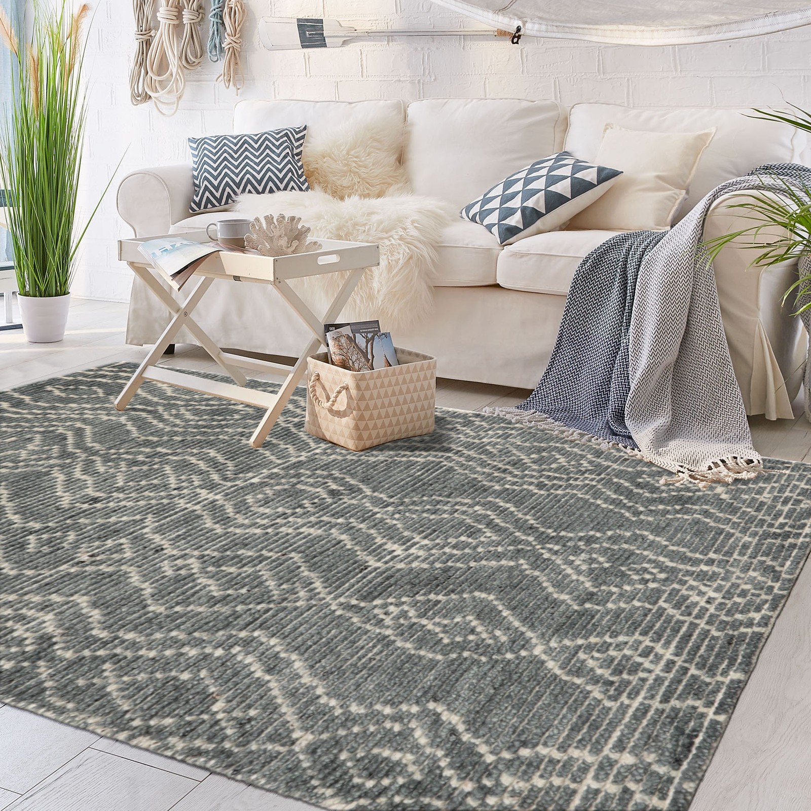 LoomBloom 3’x5′ Celadon Hand Knotted Afghan Moroccan Modern Tribal Wool Rug