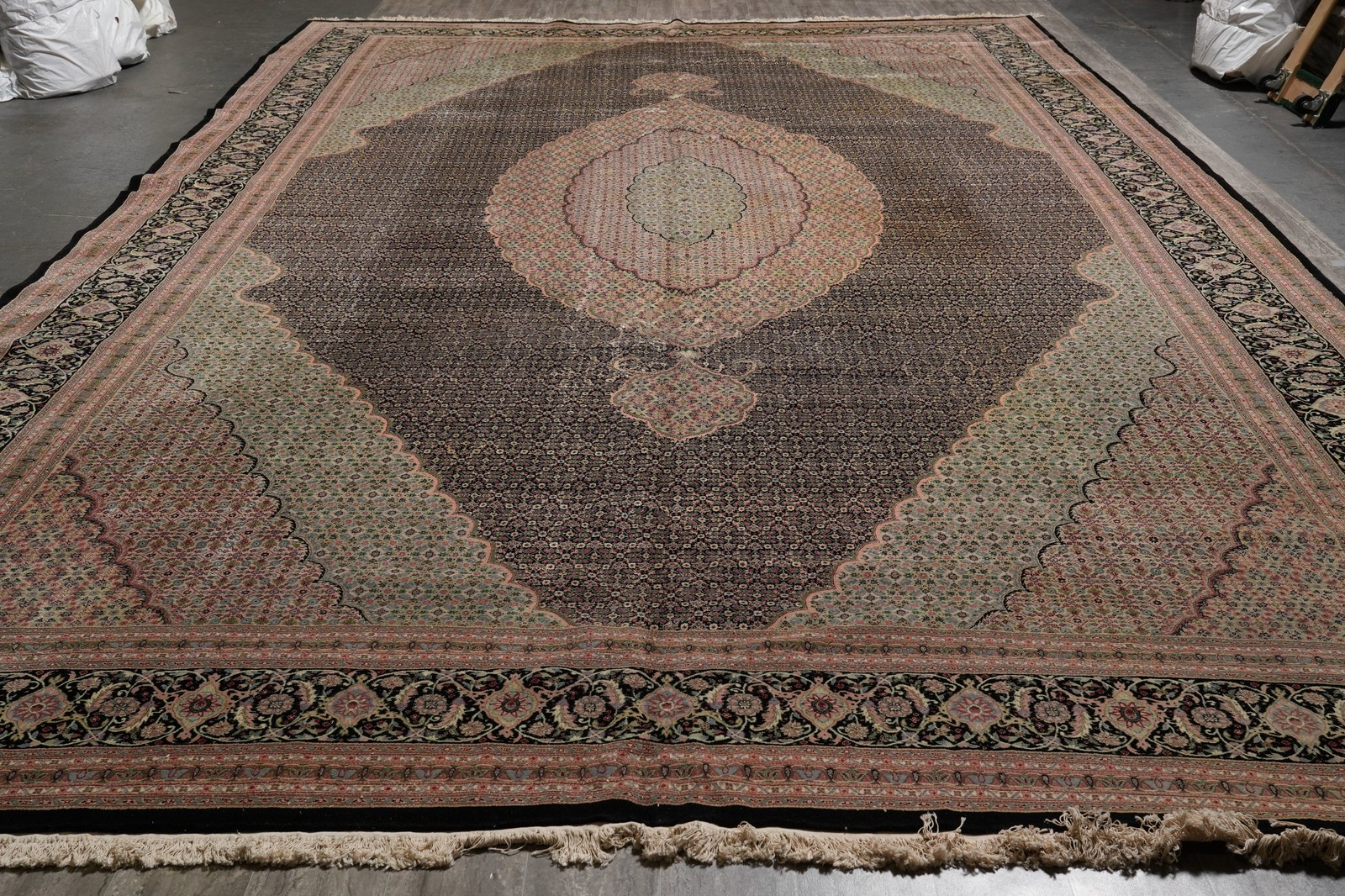 12.5 x 19 Hand-Knotted Wool and Silk Tabriiz Mahii Rug Black #B-78935