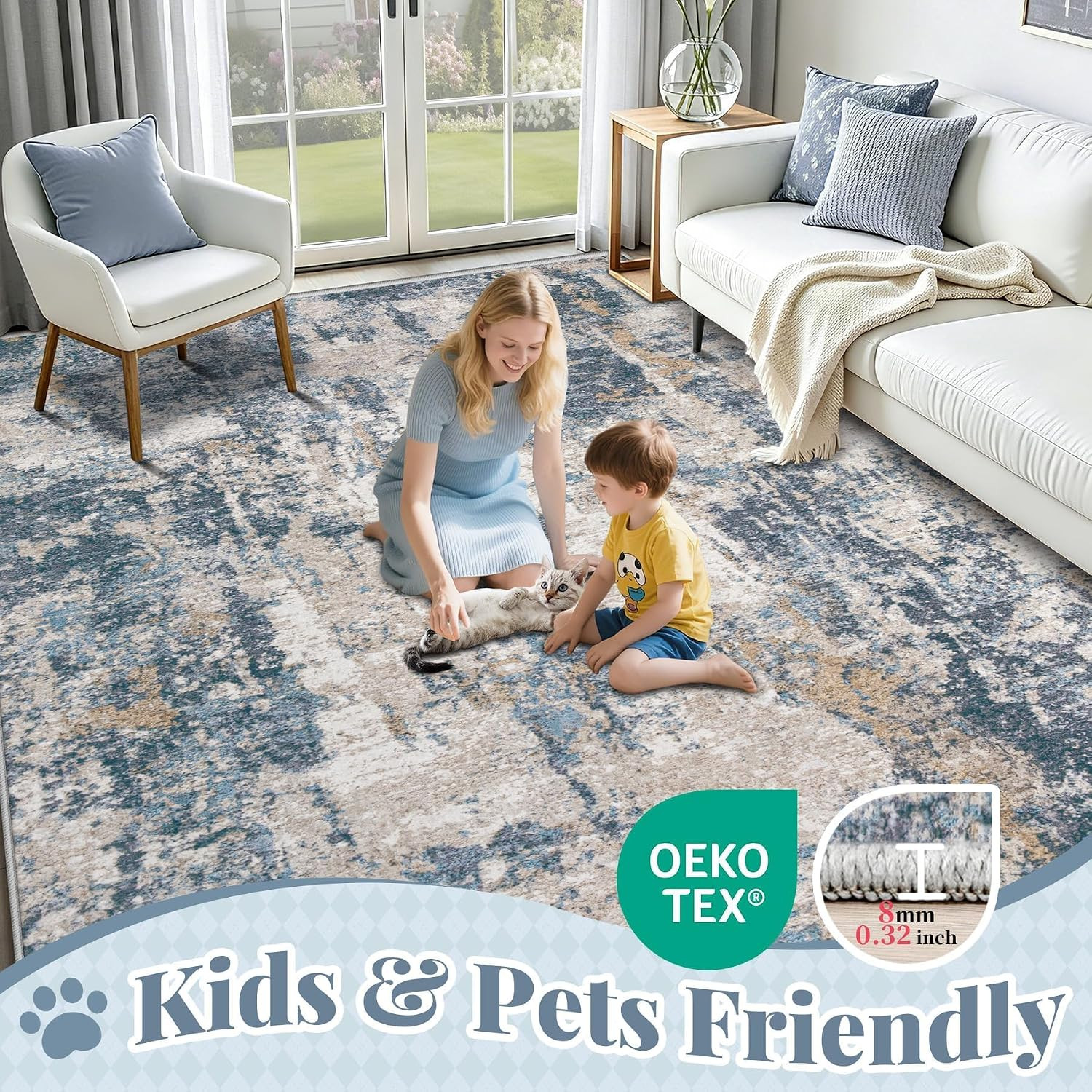 6X9 Area Rugs for Living Room: Washable Abstract Rug Modern Neutral Soft Large I