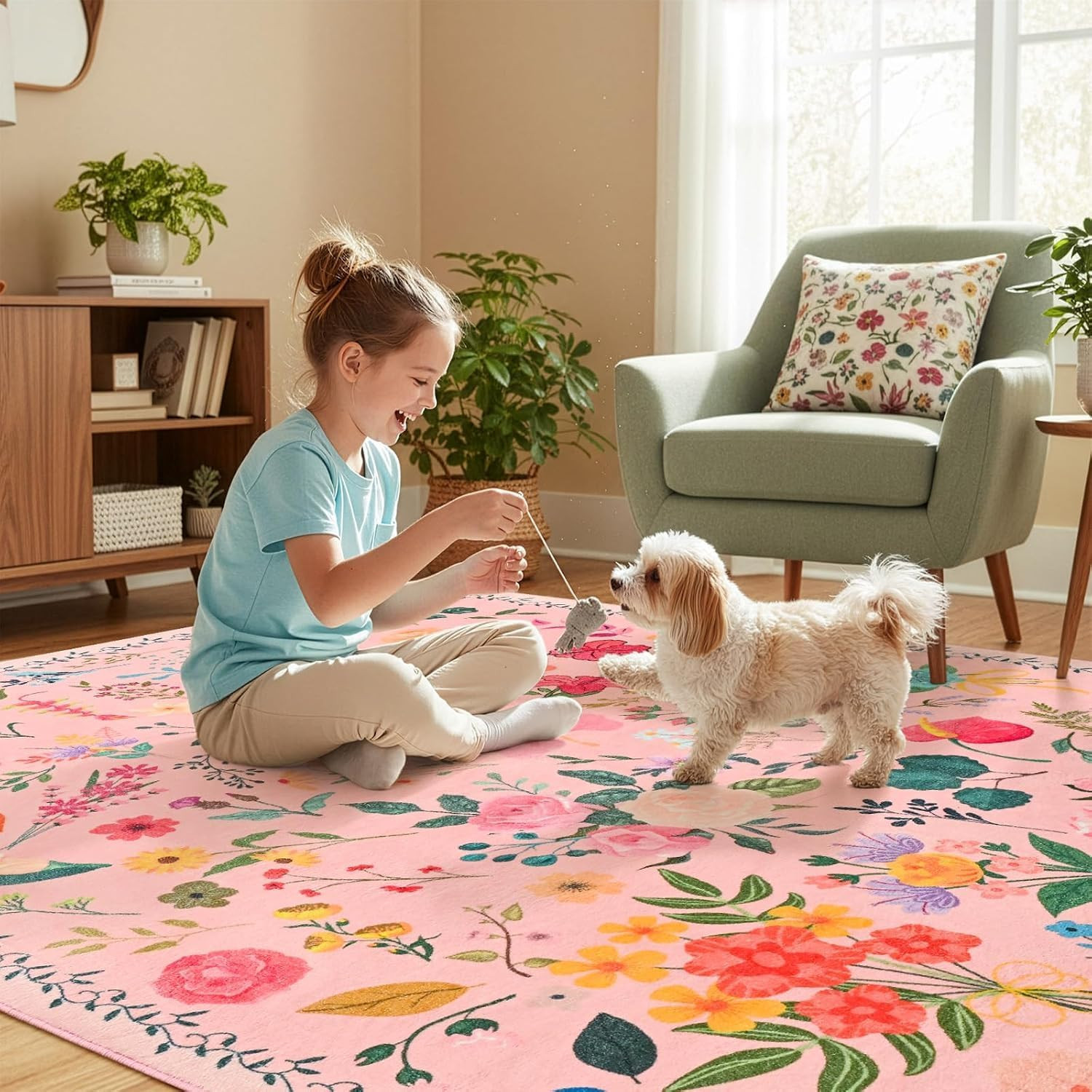 5X7 Area Rug for Living Room,Washable Rugs for Bedroom Dorm,Pink | Floral Rugs w