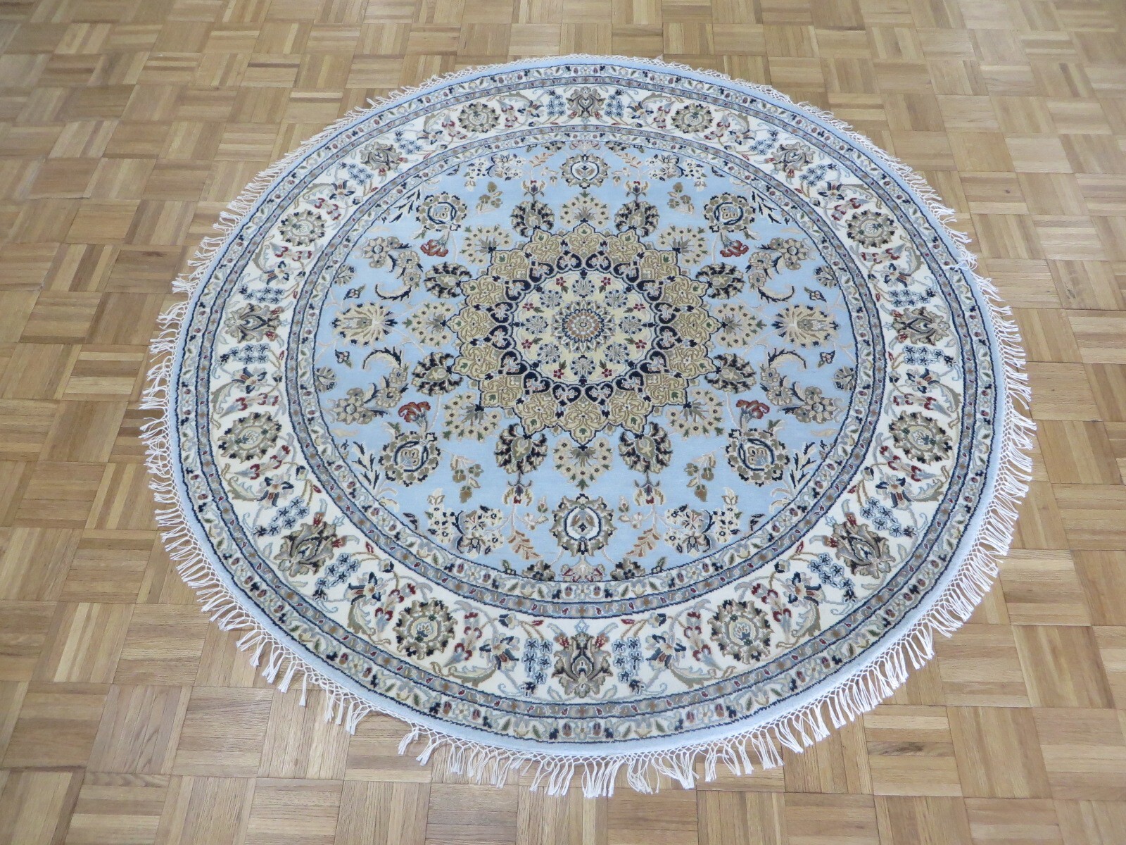 5 x 5 Round Hand Knotted Light Blue Fine Nain With Silk Oriental Rug G16156