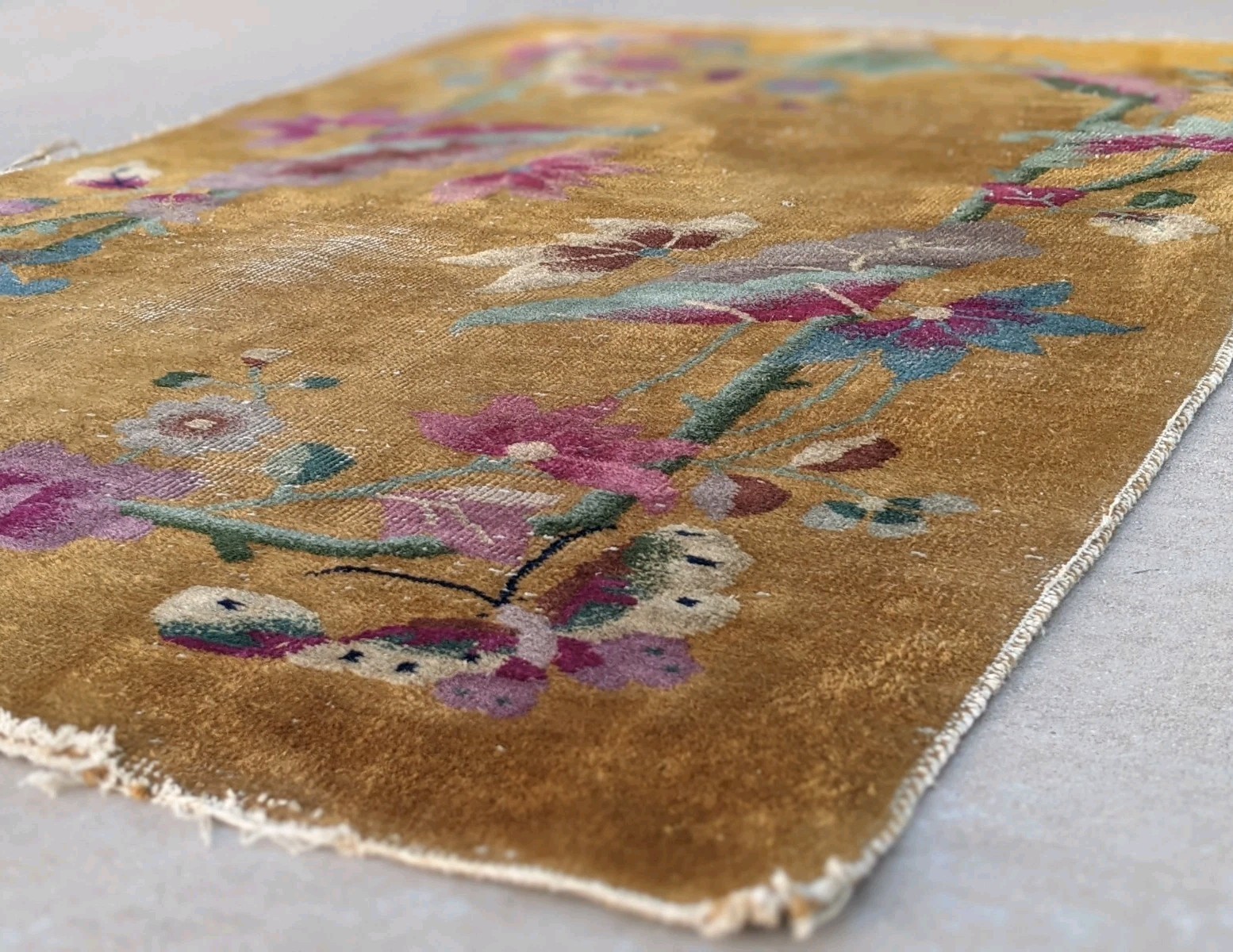 Antique Floral Deco Nichols Hand knotted Rug Butterfly 55” X 35” China 1930s Gld