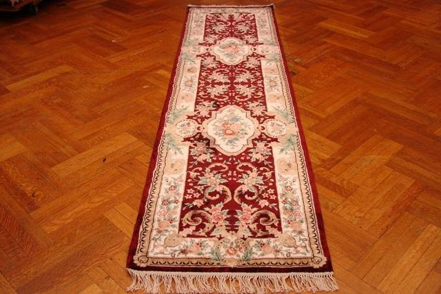 10 ft Burgundy Artificial Silk 30 x 120 in Aubusson Handmade Rug French Design