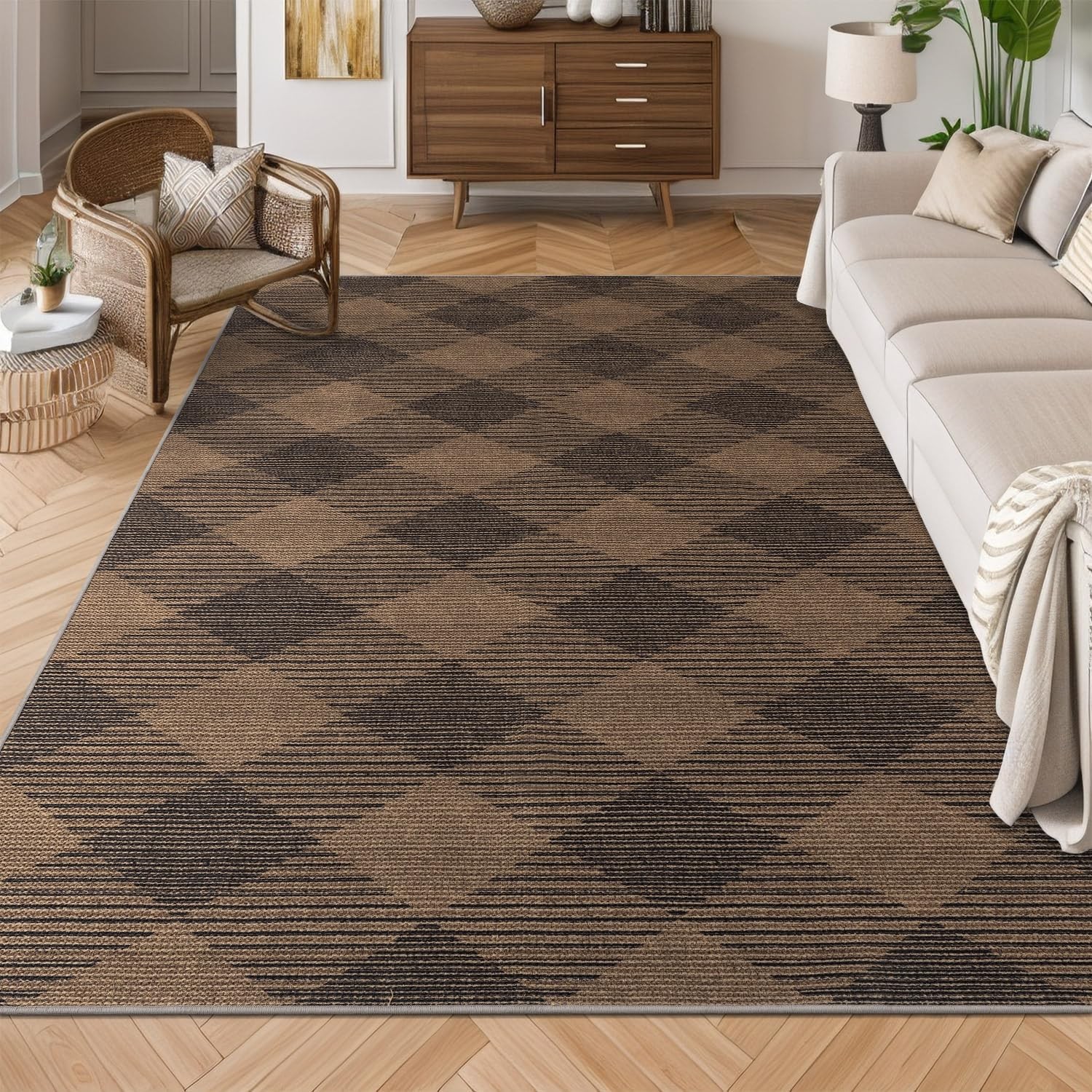 YIHOUSE Checkered Jute Rug 8×10 Brown Black Non Slip Indoor Outdoor