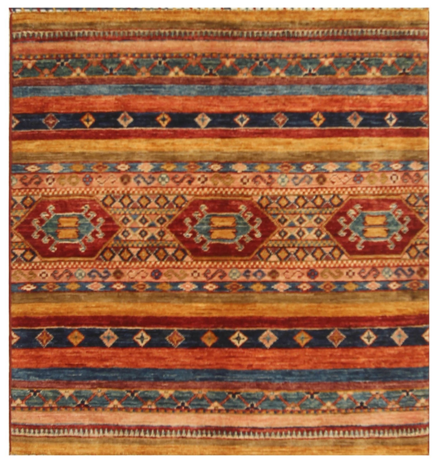 3×3 ft Multicolor Khorjin Afghan Hand Knotted Wool Tribal Small Square Rug