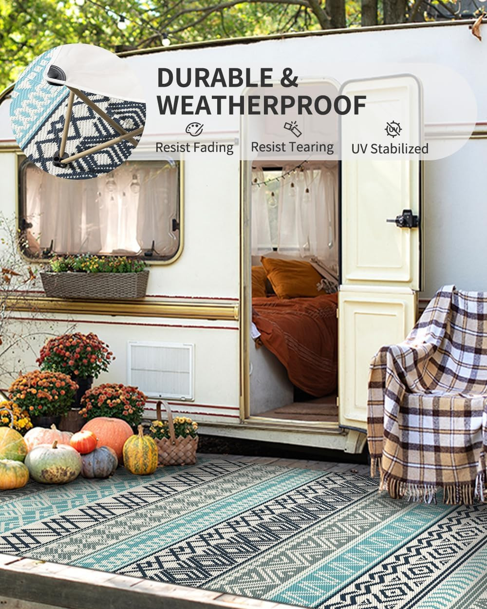 Montvoo Outdoor Rug Carpet Waterproof-Patio Rug Mat 5X8 Reversible RV Outdoor Ca