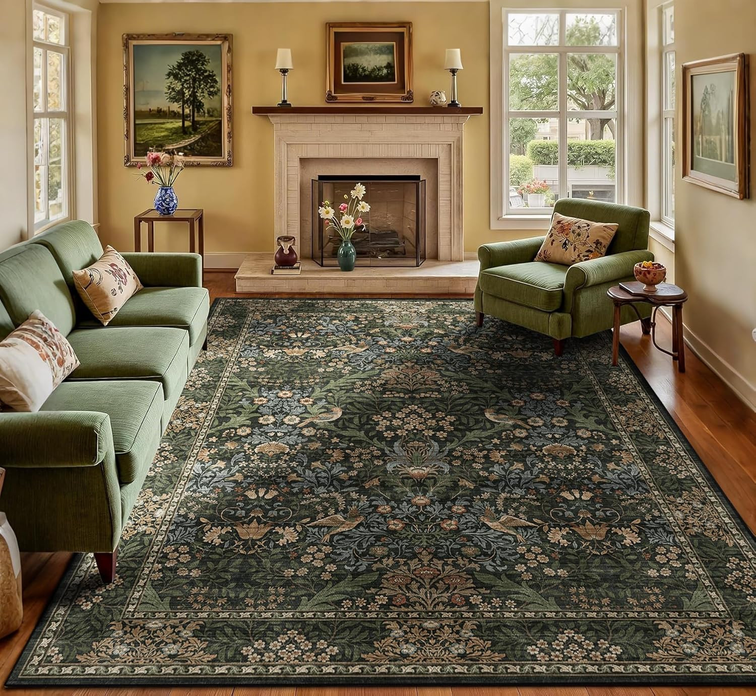 Vintage Boho Floral Area Rug 8×10 – Non-Slip Botanical Carpet for Home