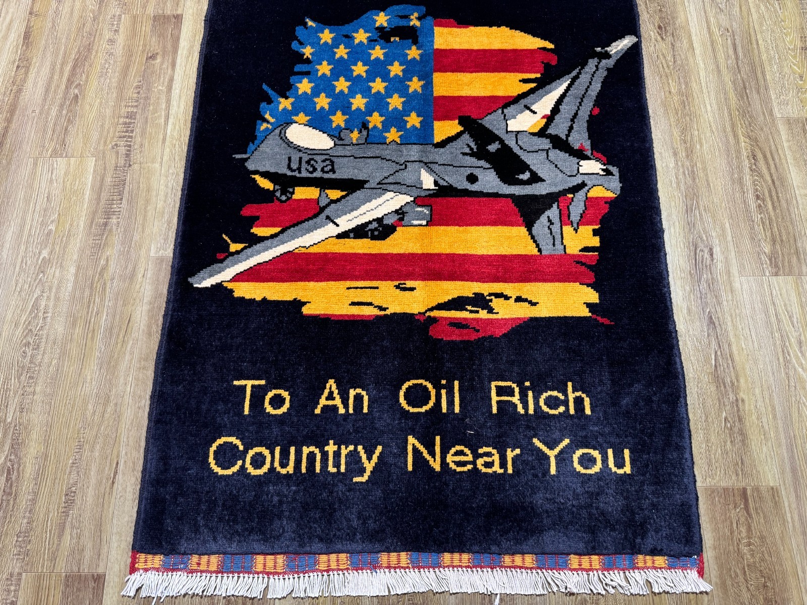 2×4 Afghan Pictorial Rug Hand Knotted Wool USA Fighter Jet Aviation Carpet