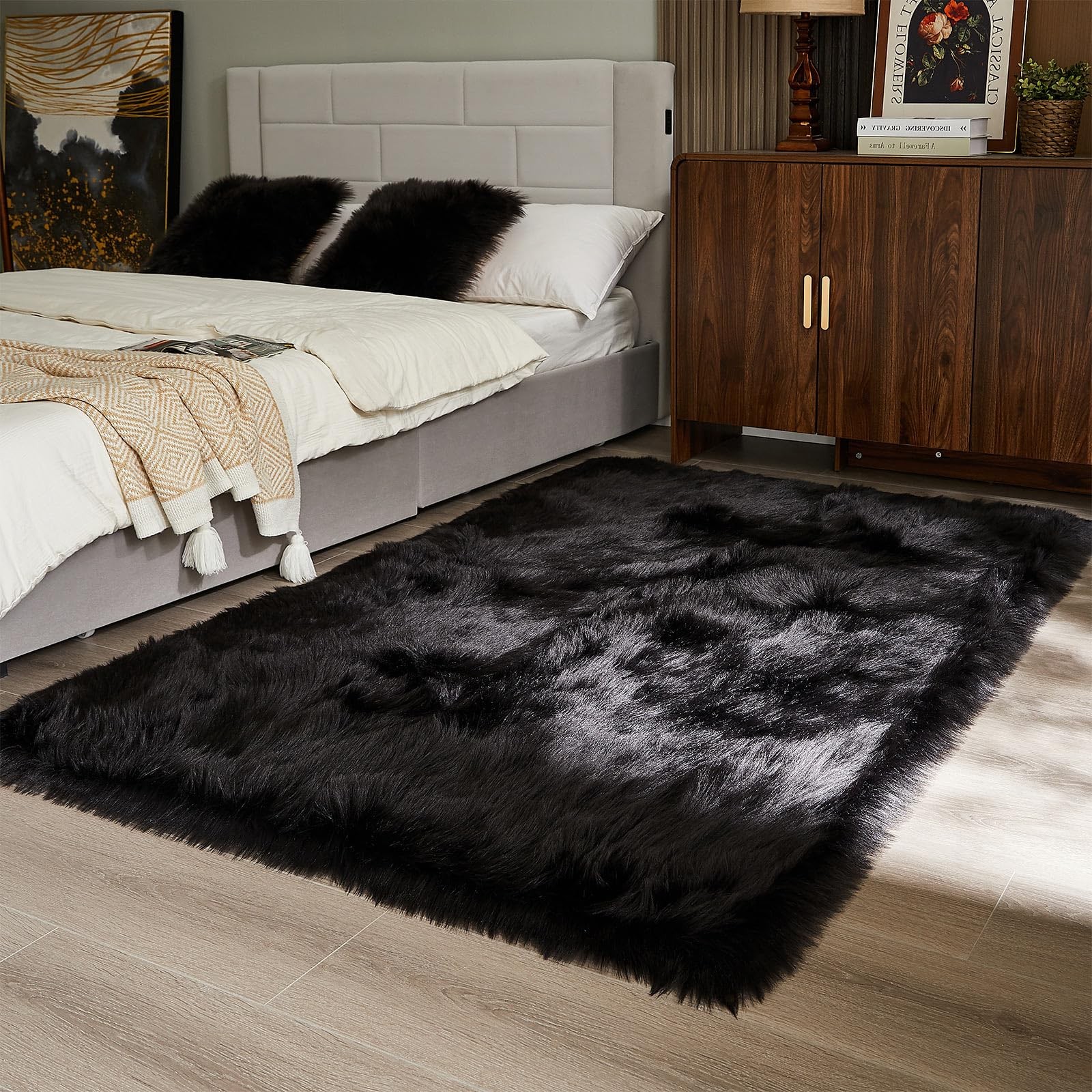 AMTOVO Faux Fur Sheepskin Rug for Living Room, 4 x 6 ft Black Fluffy Area Rug…