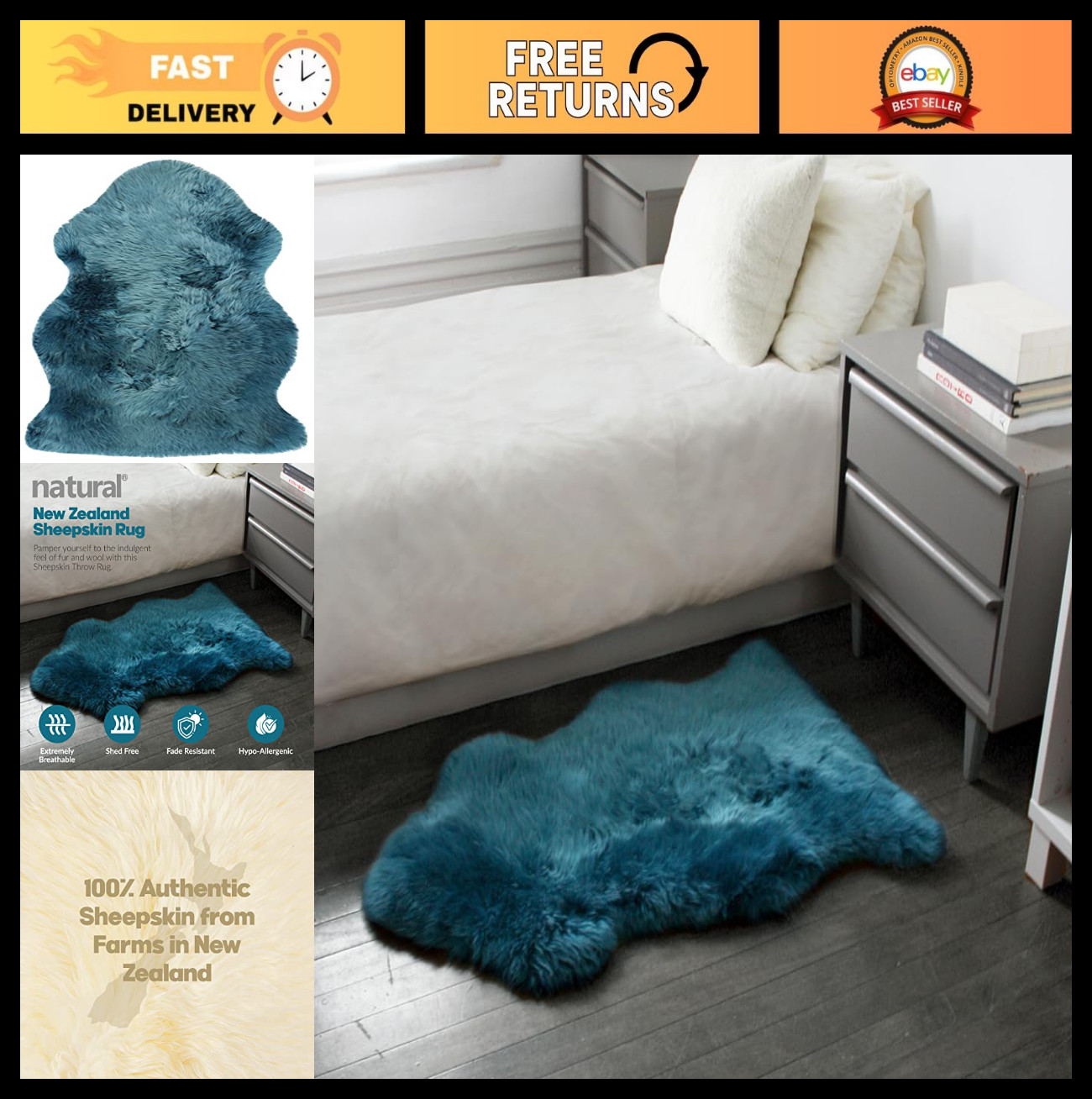 Genuine Sheepskin Area Rug – Thick Fluffy Fur, Anti-Skid Backing, Teal 2×3 ft