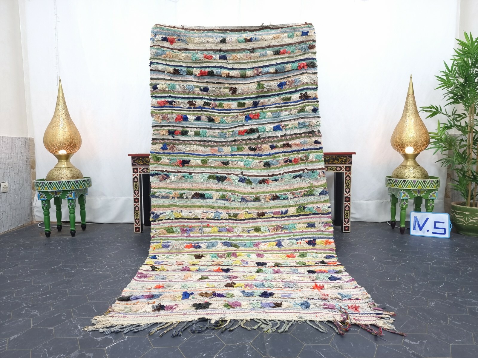 Moroccan Handmade Vintage Boucherouite 4’x7’8″ Berber Solid Green Red Cotton Rug