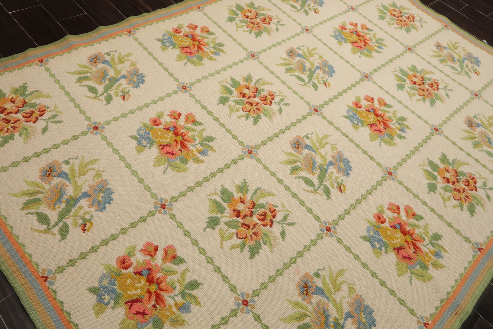 6×9 Hand Woven Wool Ivory French Needlepoint Flatweave Traditional Floral Rug