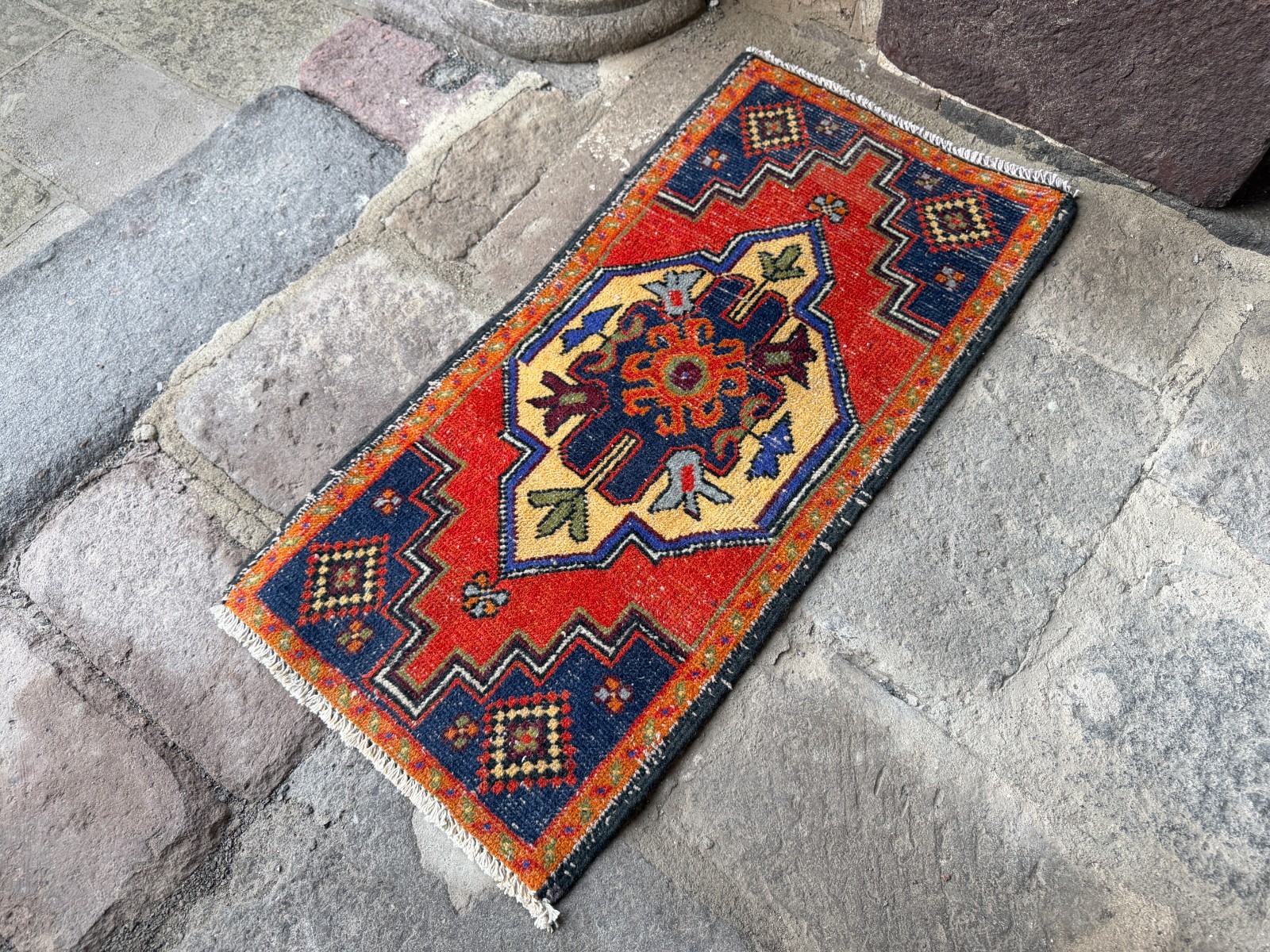 Vintage Turkish Rug 1.7×3.4 ft Red Navy Blue Small Boho Tribal Area Rug