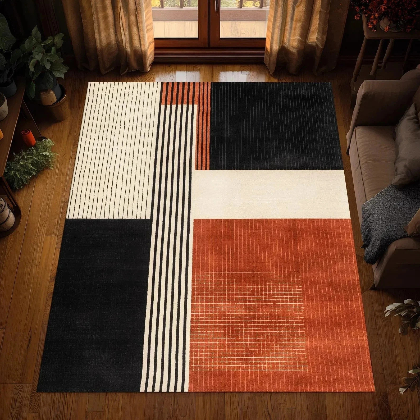 New Modern Styles Abstract Orange Black Cream Area Rug Hallroom Bedroom Carpet