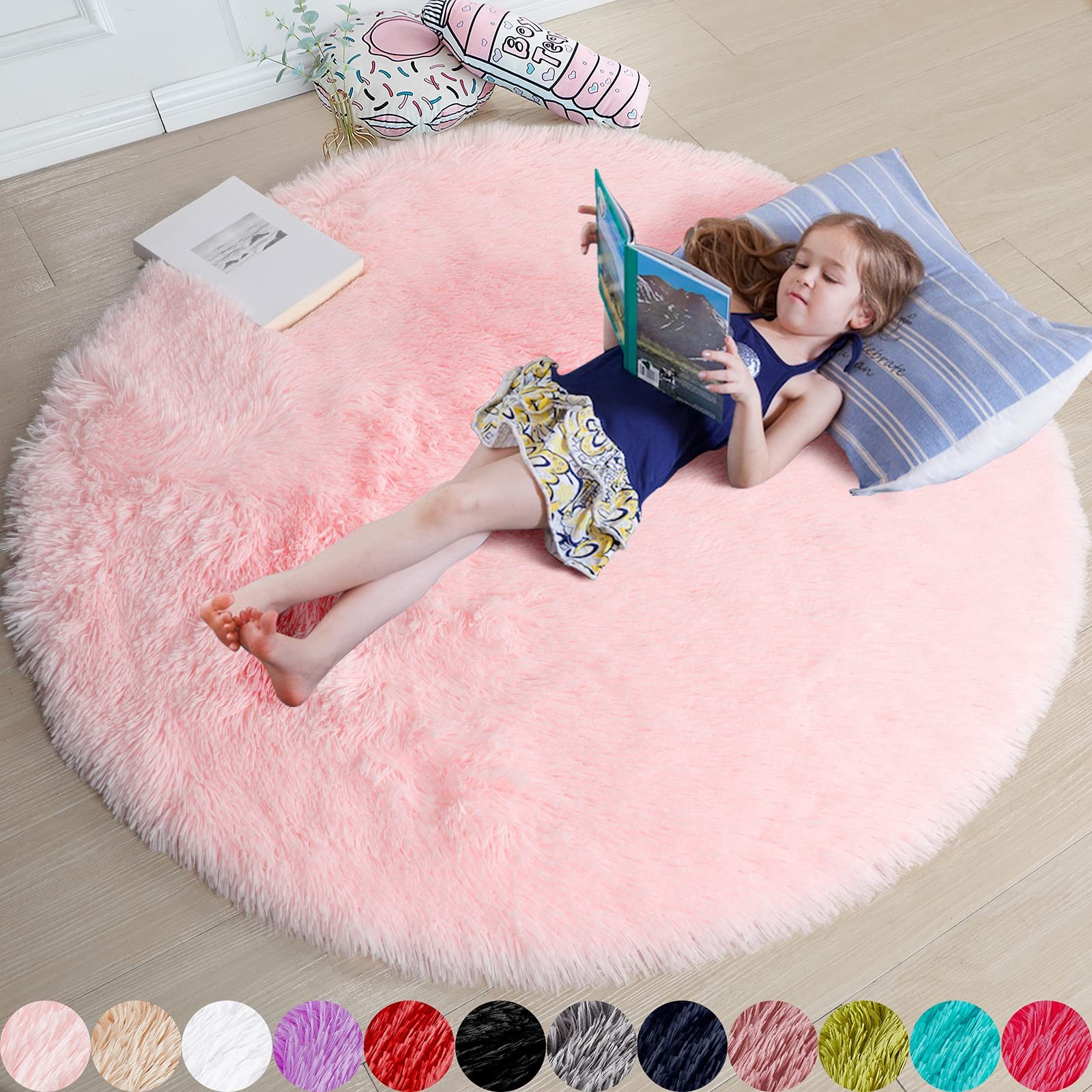 Light Pink Round Circle Rug 4Ft for Girls Bedroom, Fluffy Cute Area Rugs for …
