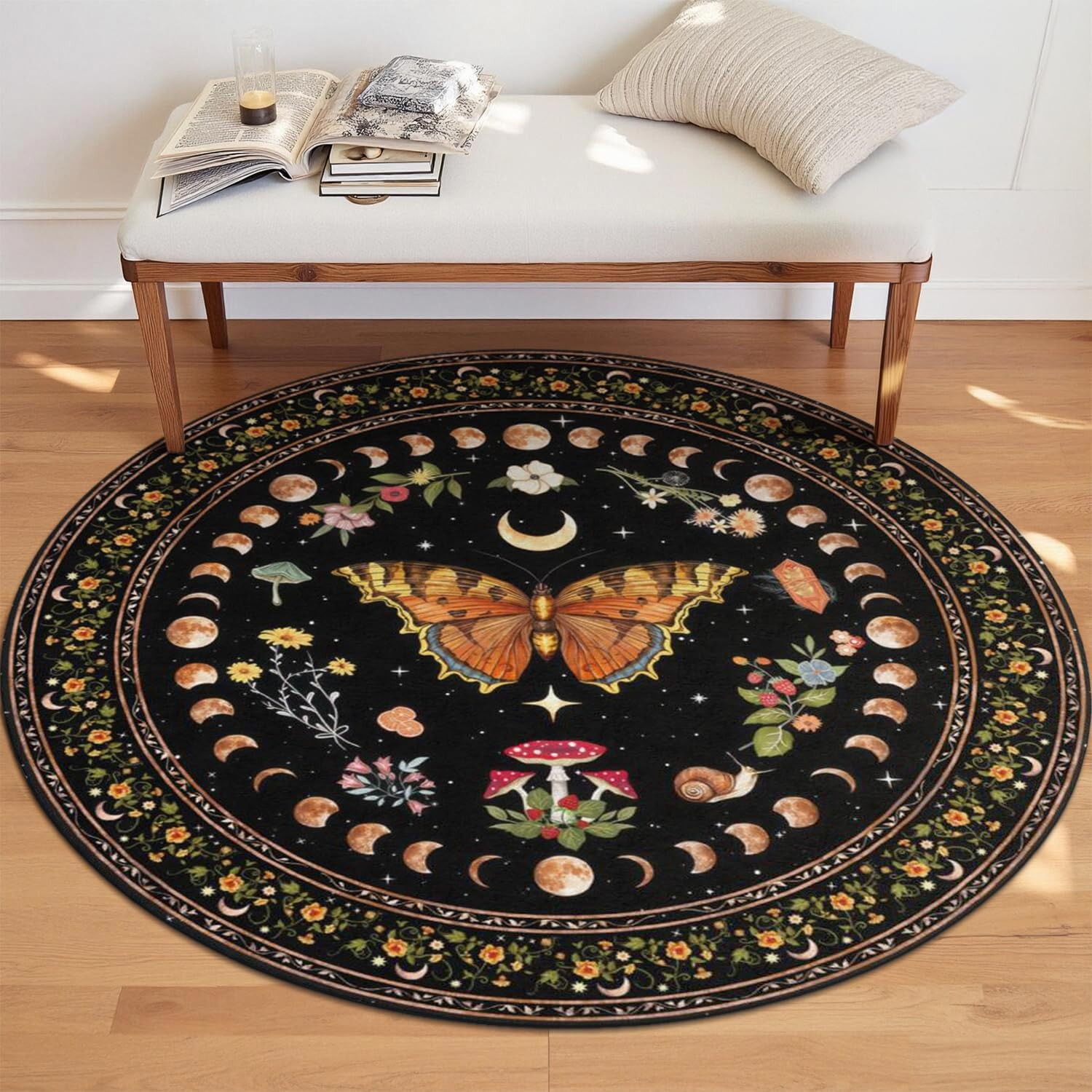Non-Slip Washable Boho Area Round Rug for Living Room Reading Corner 4ft,Bohe…