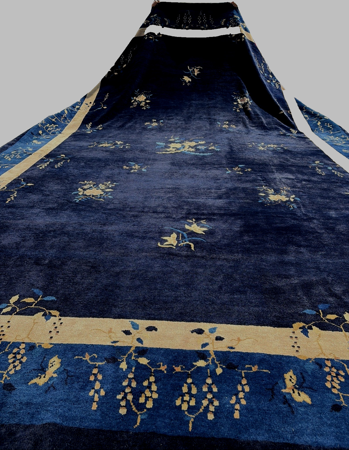 Auth: 19th C Antique Chinese Rug Silky Peking Variant indigo Blue 11×17