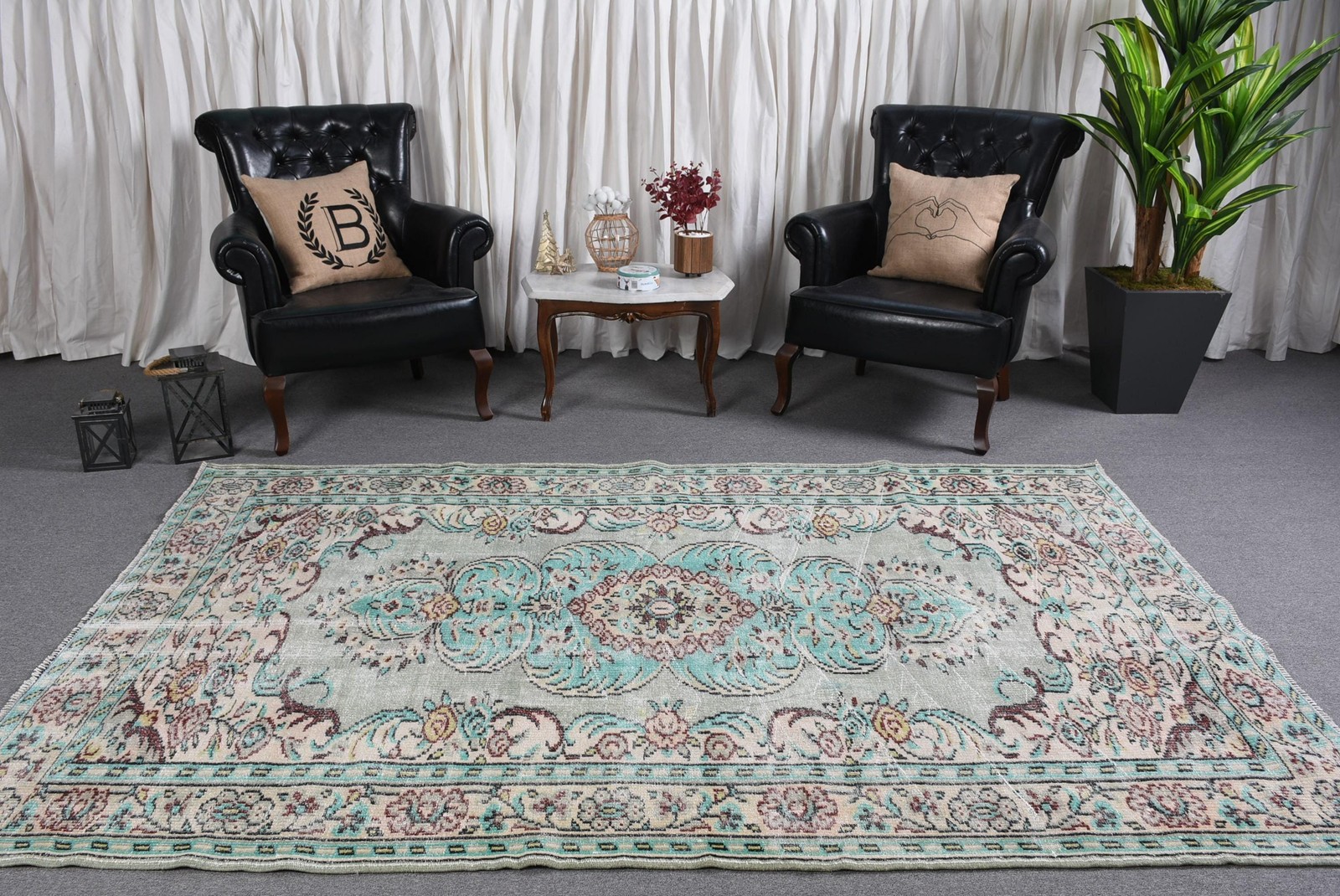 5,6×8,9 ft Vintage Rug, Turkish Large Rug, Blue Gray Check Rug