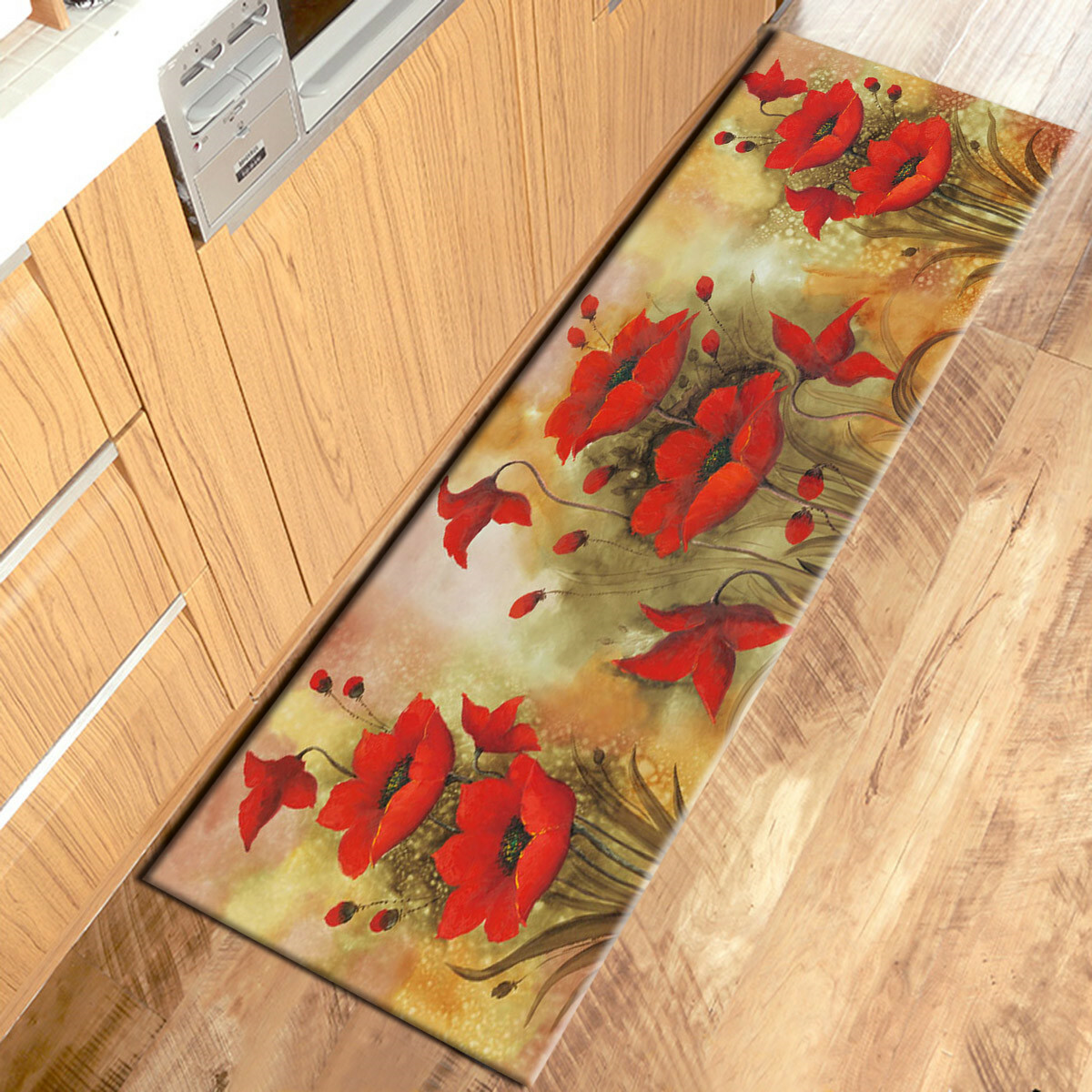 Vintage Flowers Red Poppies Kitchen Area Rug Non-Slip Mat Durable Doormat Carpet