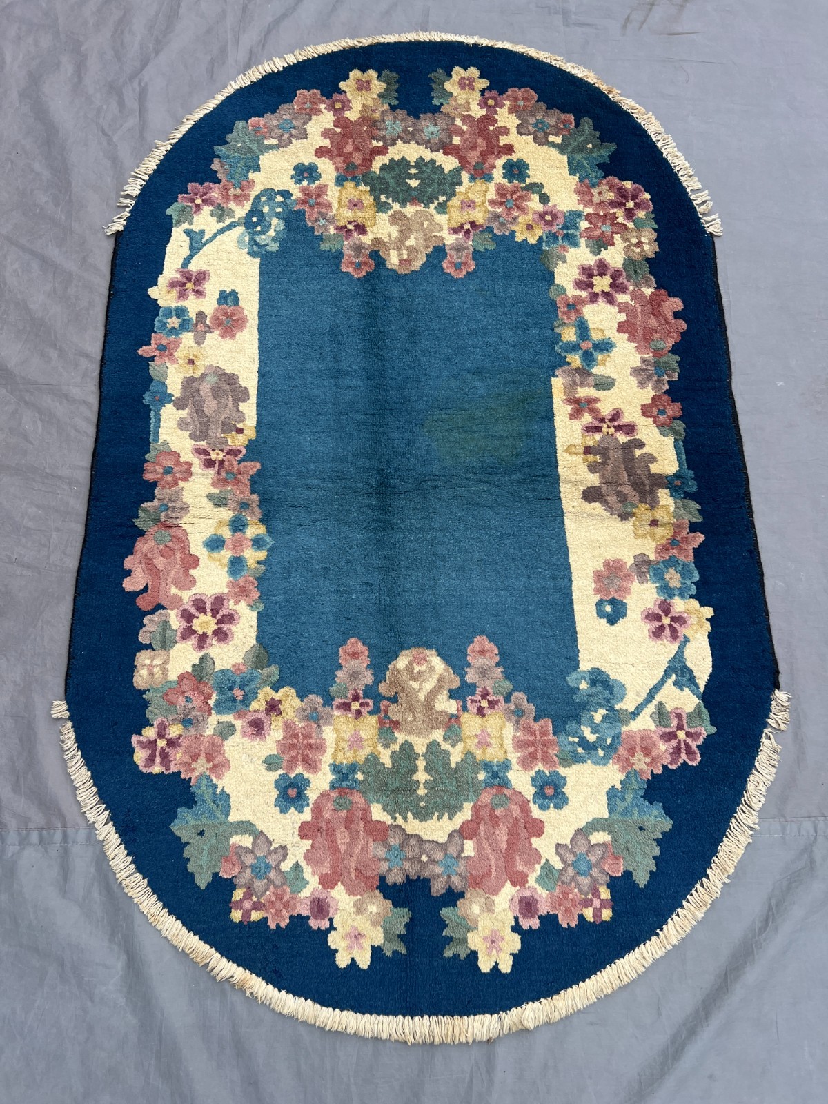 Blue Oval Floral Rug 3×4.10 Vintage Hand Knotted Wool Garland Luxury Carpet
