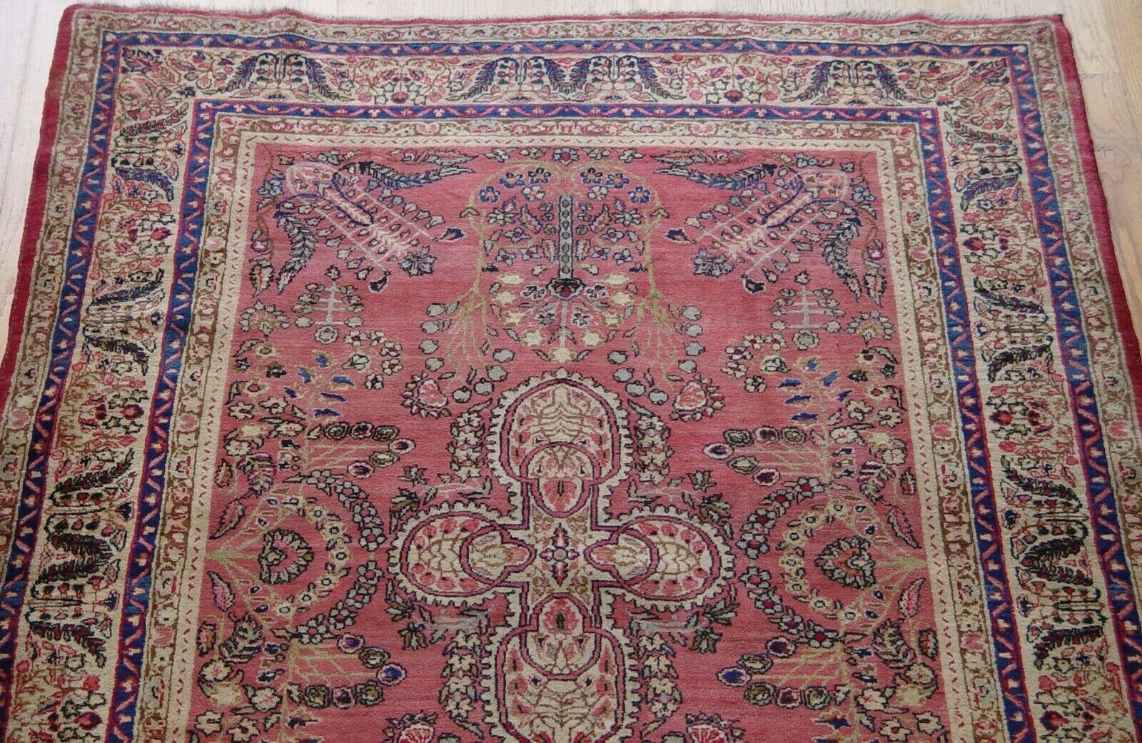 Antique 1880s Kermann Hand Knotted Wool 4’3″ x 6’5″ Pink Rose Oriental Rug