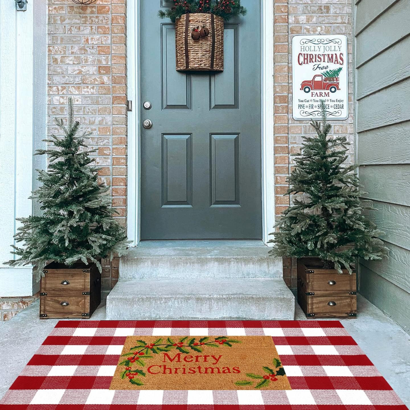 Christmas Red and White Plaid Rug, 3′ X 5′ Cotton Hand-Woven Layered Door Mat fo