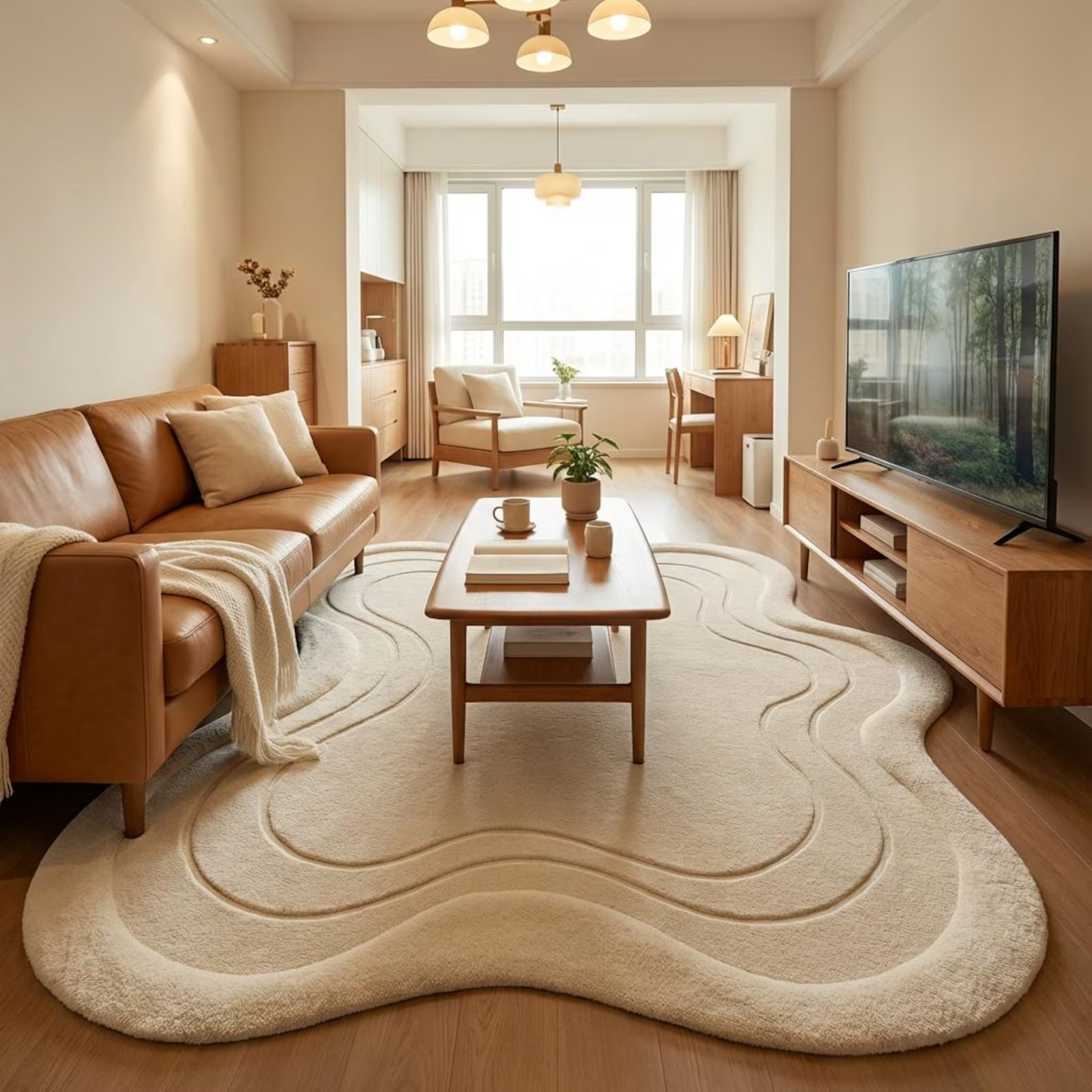 New Hand Tufted Wool Abstract Rug, Irregular Modern Ivory Area Rug