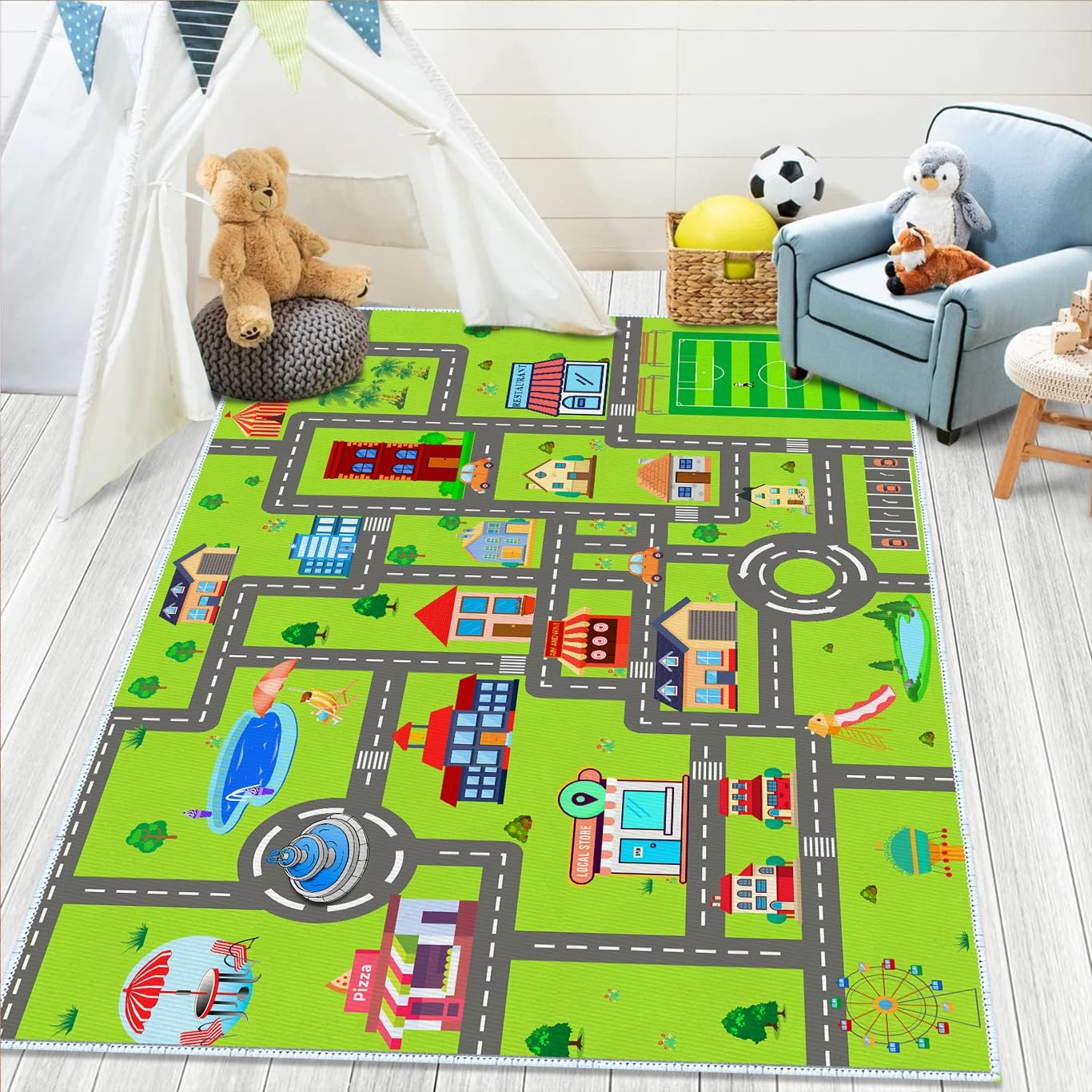 Kids Car Rug, 2′ 7″ x 4′ City Life Road Traffic Game Carpet for Race Cars & T…