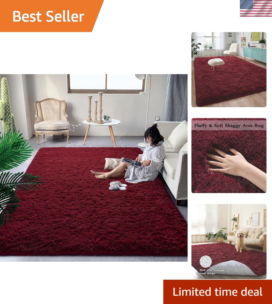 Soft and Hypoallergenic 9×12 ft Burgundy Shag Rug – Easy Clean, Child-Friendly