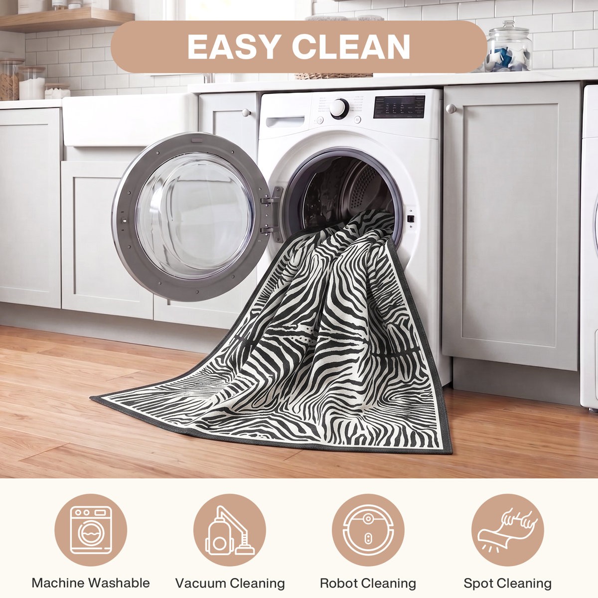 5X7 Washable Soft Area Rug, Zebra Print Low Pile Non Slip Carpet for Living Room