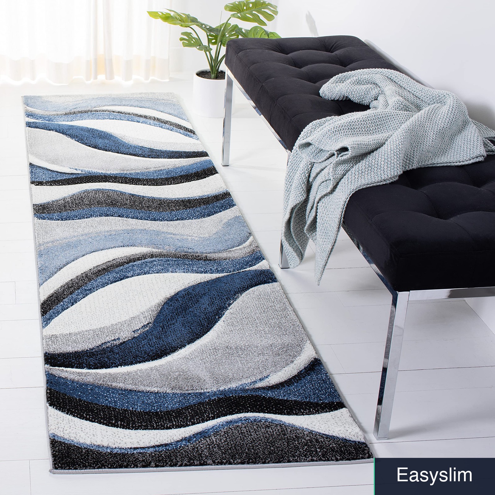 Runner Rug 2’3″ x 14′ Grey Blue Abstract Mid-Century Modern Style