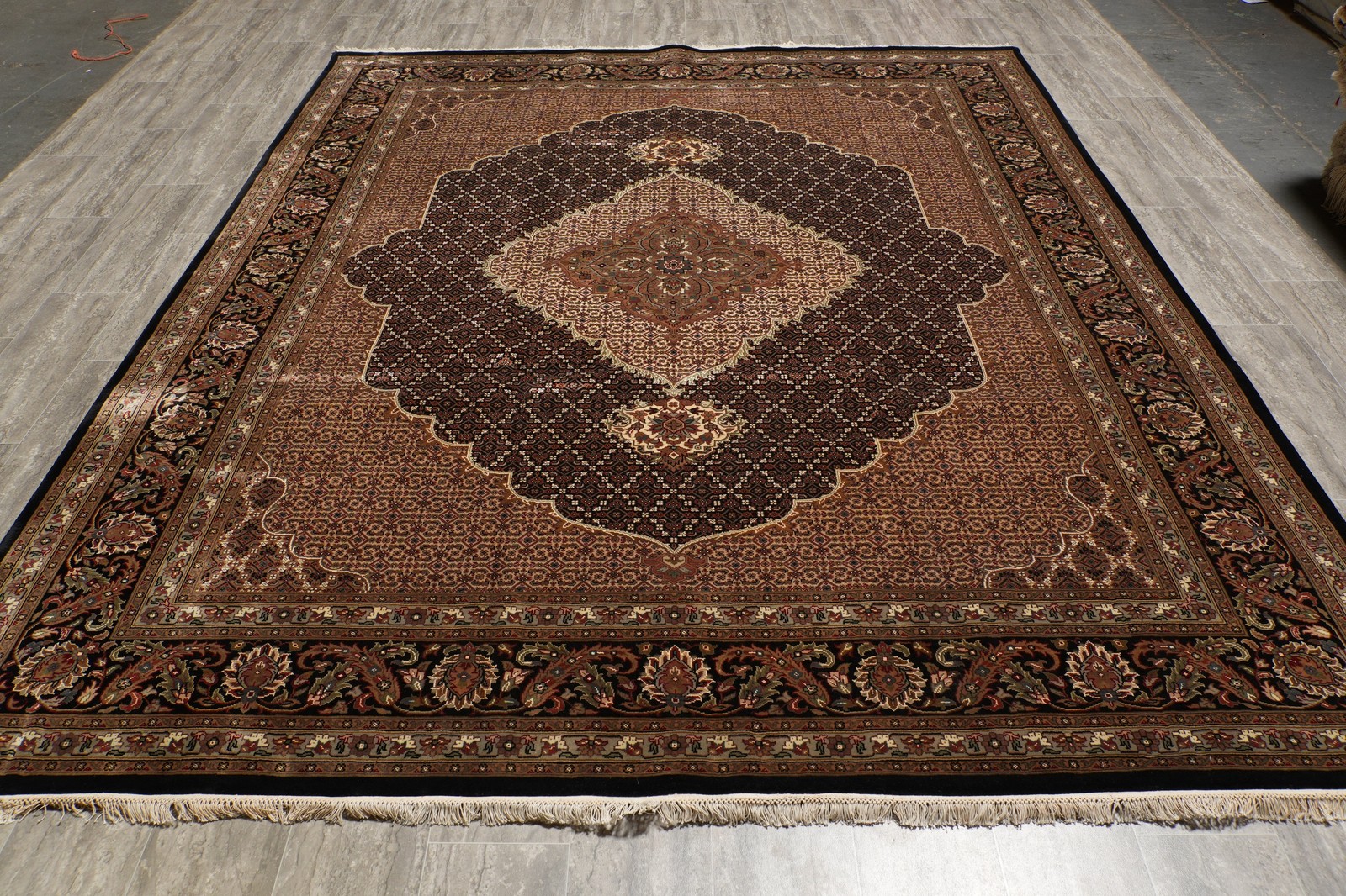 8.2 x 10.2 Earthy Black High Quality Wool and Silk Tabriiz Mahii Carpet #F-4478