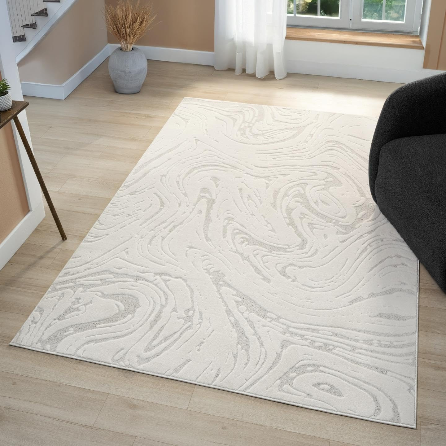 Elegant Abstract Marble Swirl Cream 5×7 Area Rug – High Low Design