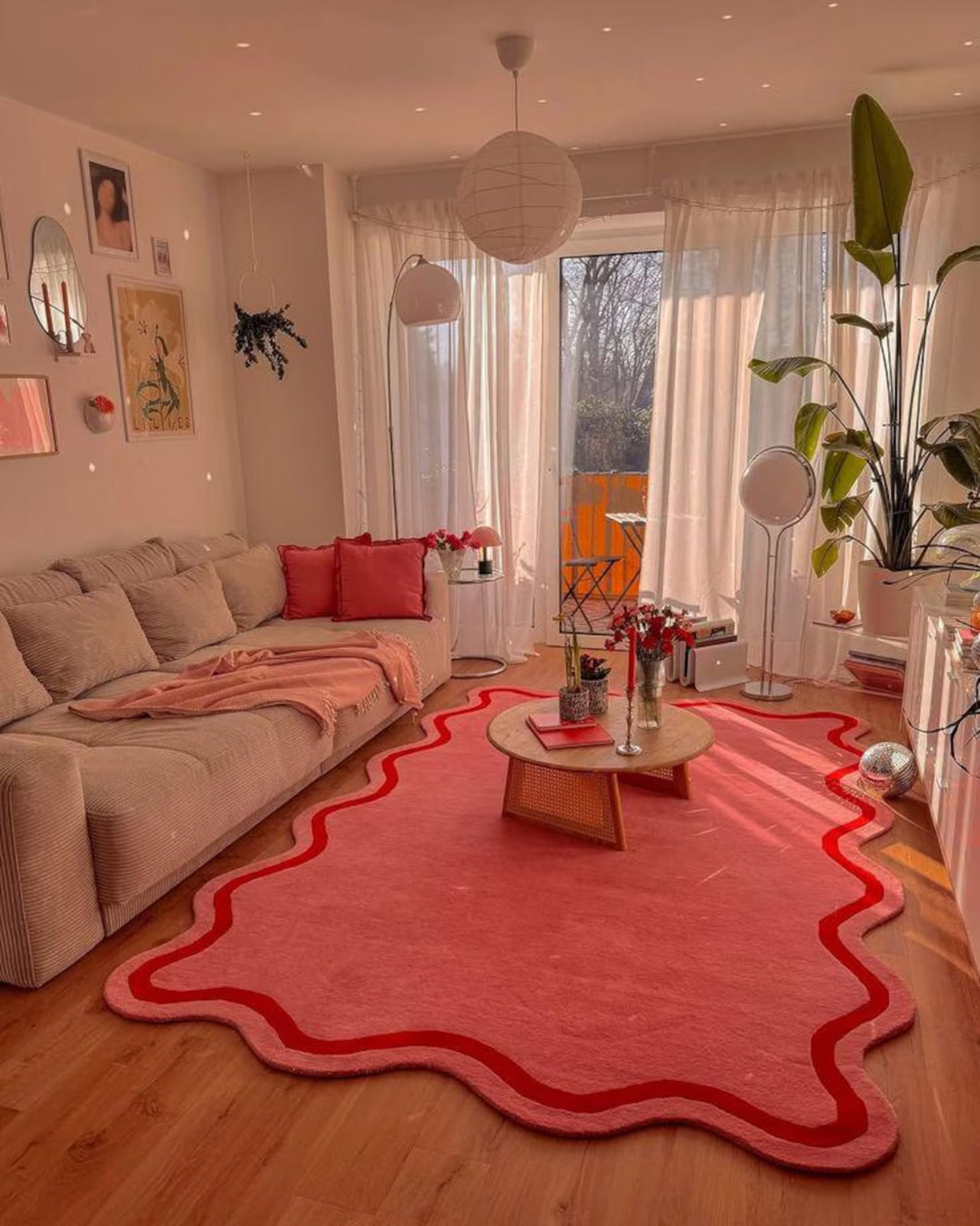 Hand-Tufted Wool Area Rug: pink and red abstract carpet for living room 8×10