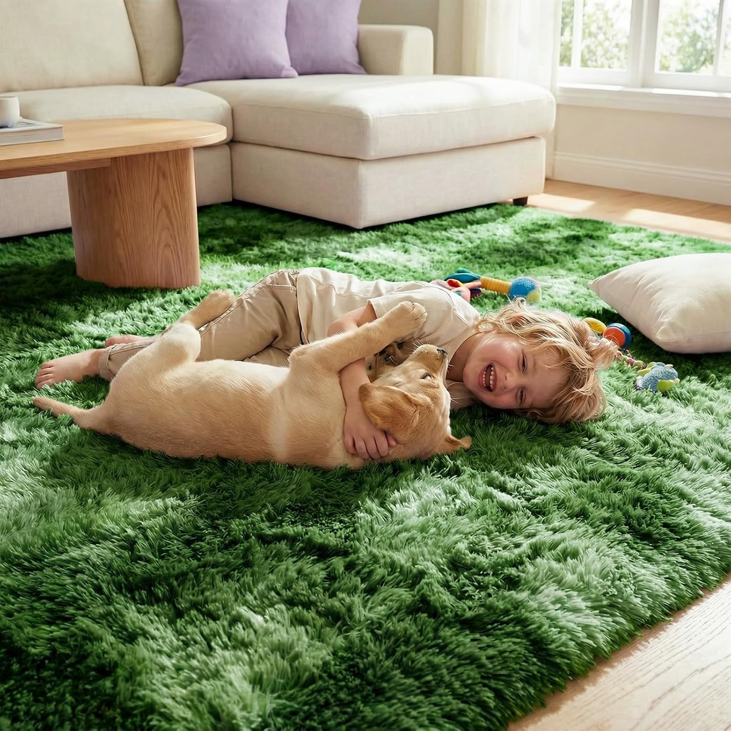 Fluffy High-Pile 4×6 ft Dark Green Rug – Modern Tie-Dye Design, Machine Washable