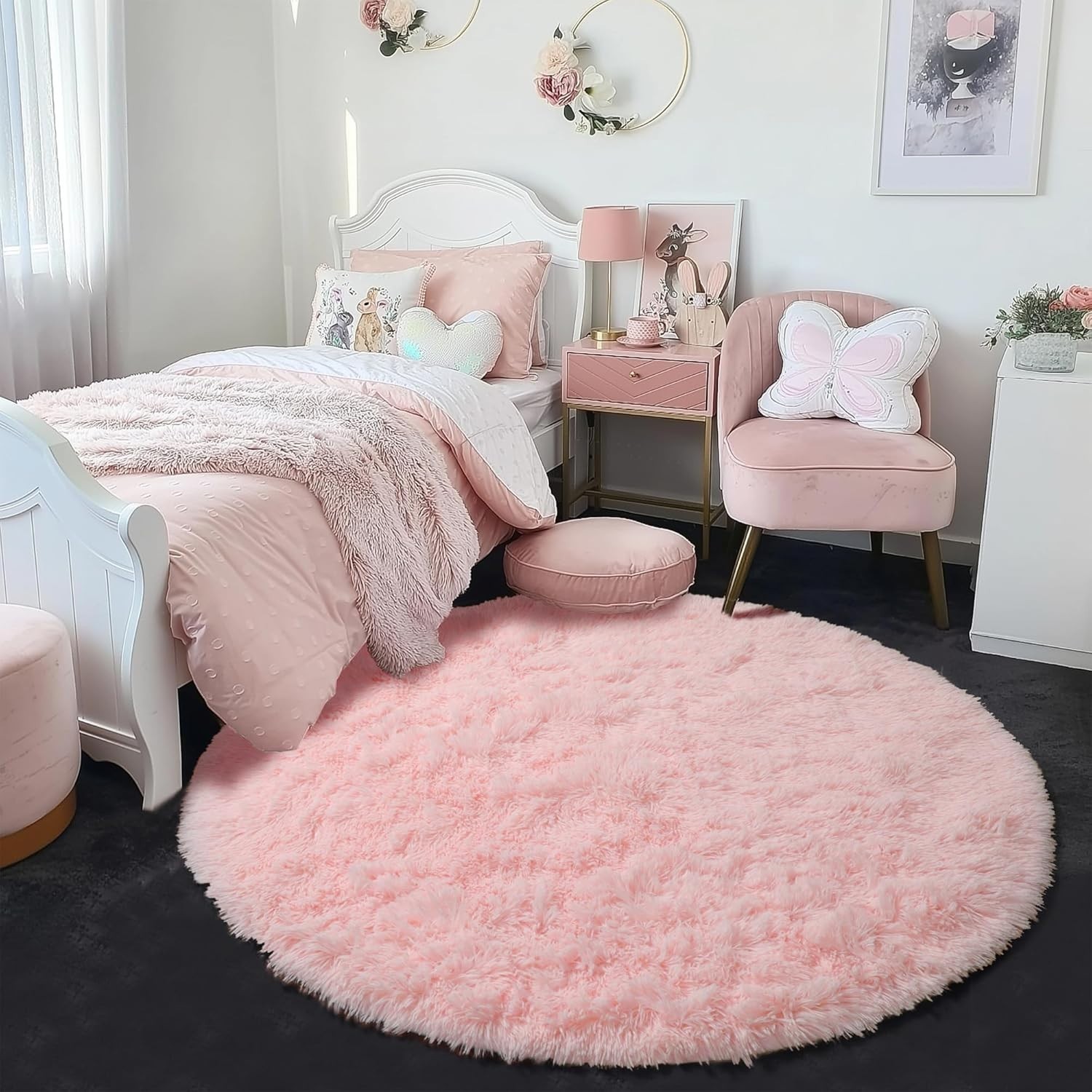 Light Pink Round Circle Rug 4Ft for Girls Bedroom, Fluffy Cute Area Rugs for …